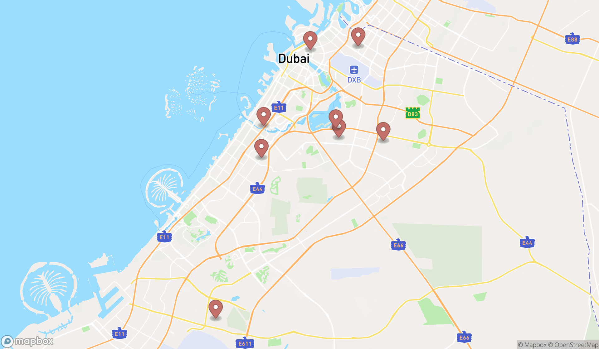 Map showing the search results in Dubai