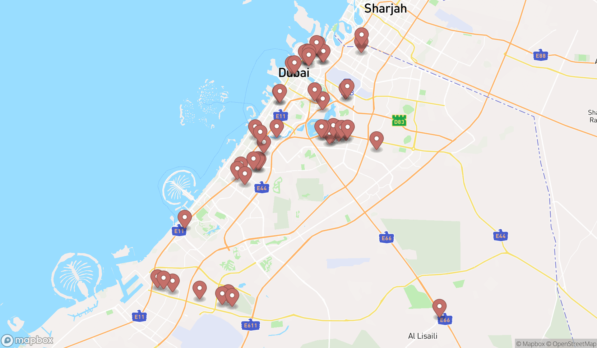 Map showing the search results in Dubai