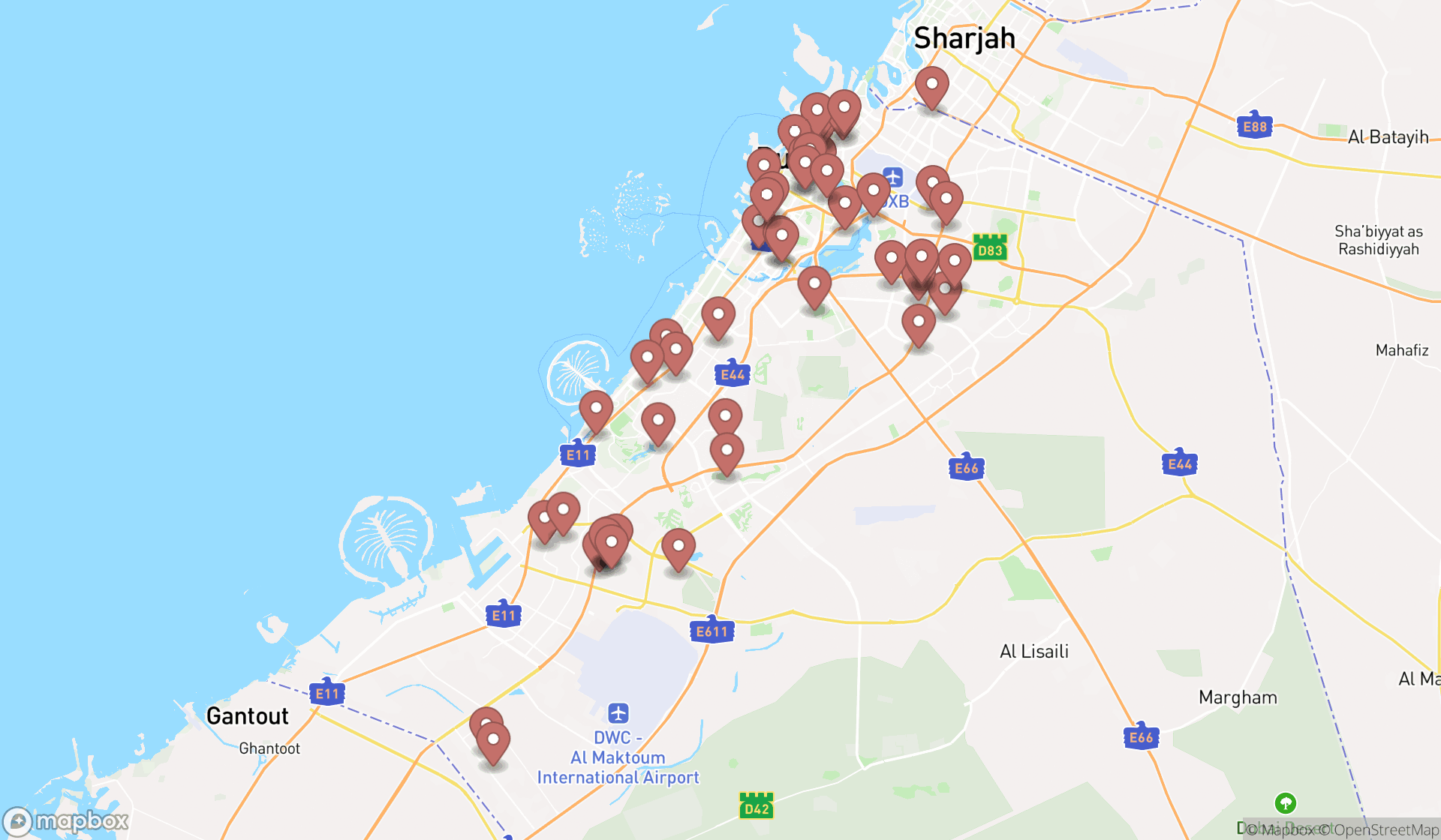 Map showing the search results in Dubai