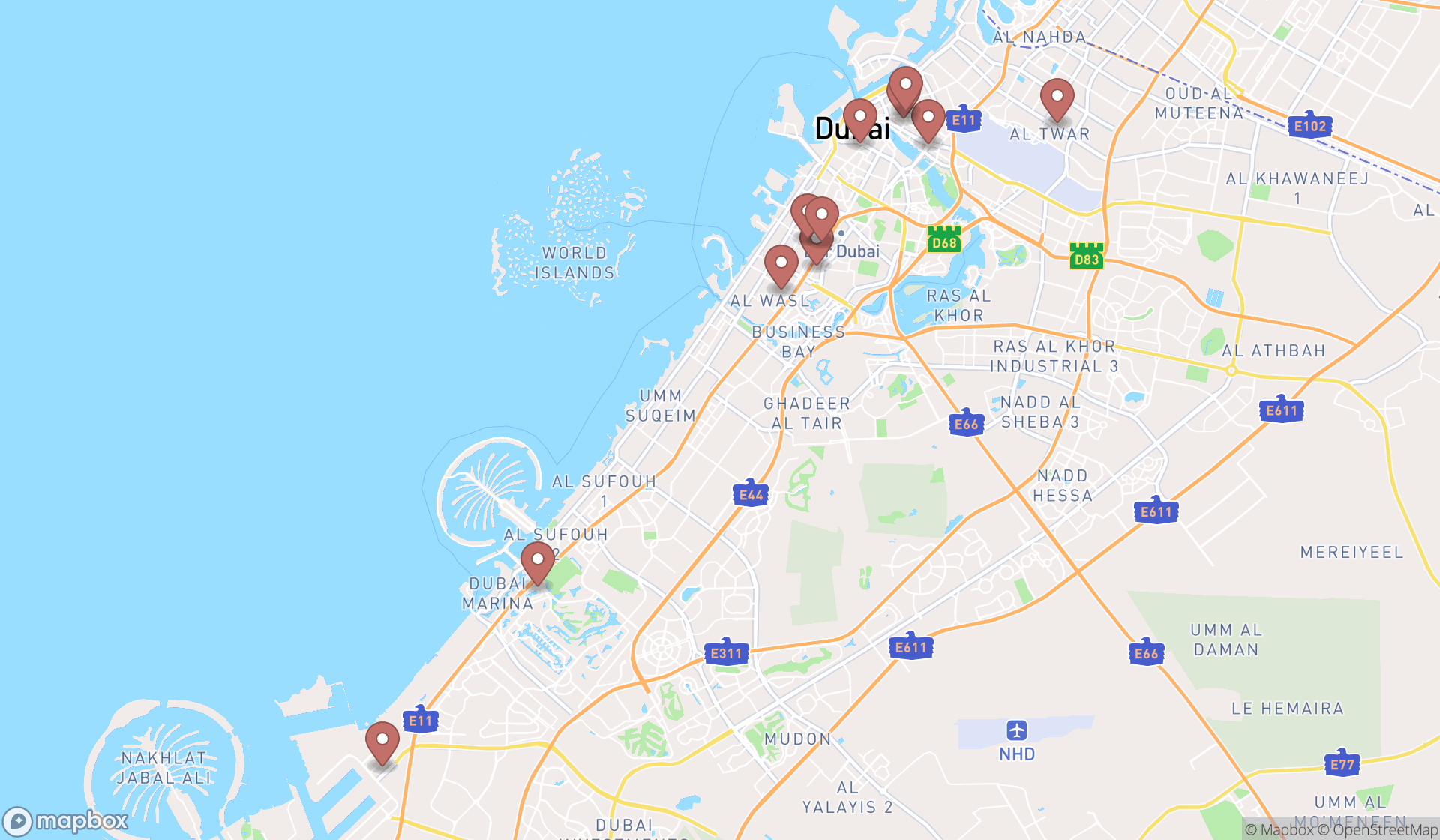 Map showing the search results in Dubai
