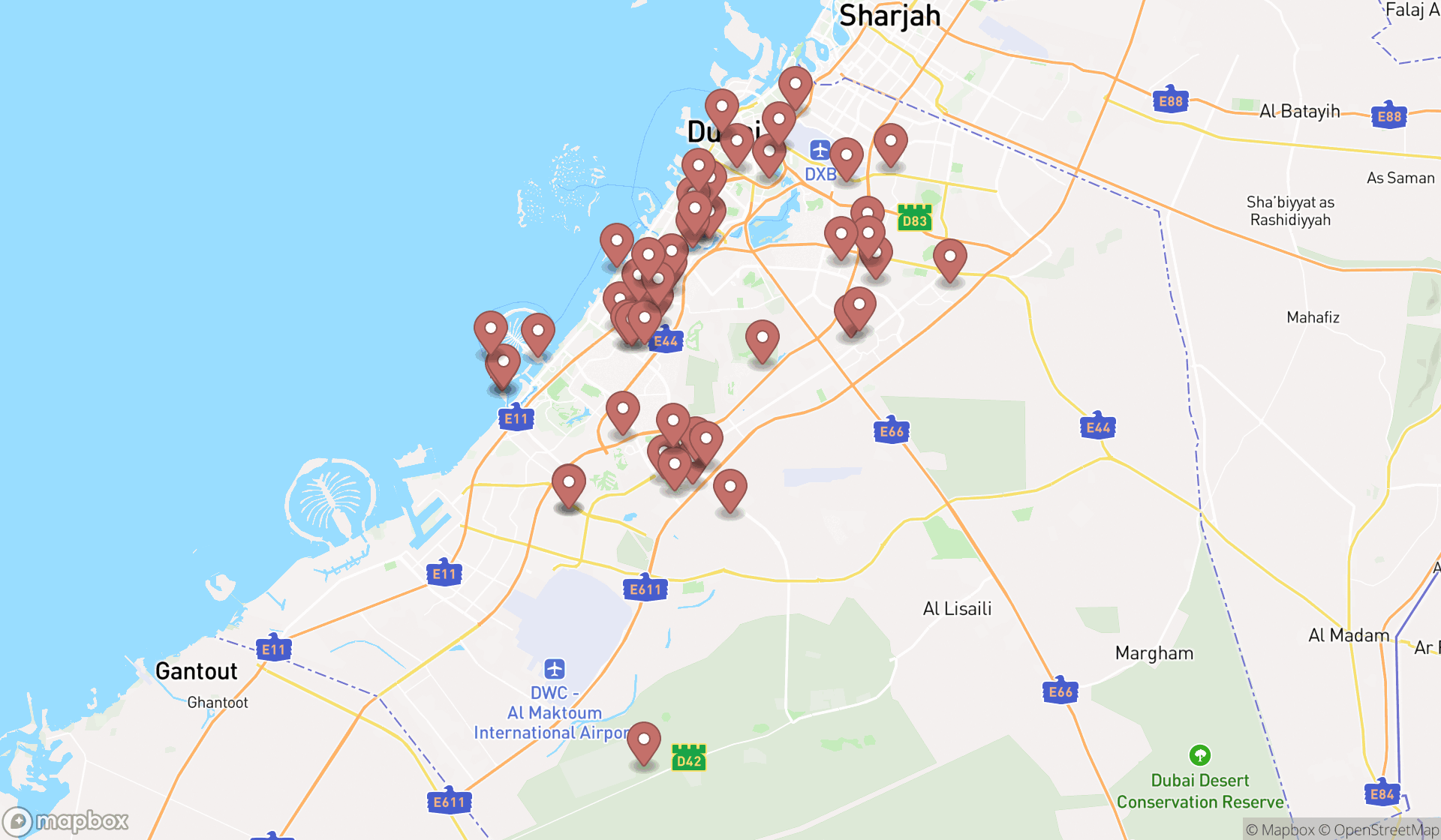 Map showing the search results in Dubai