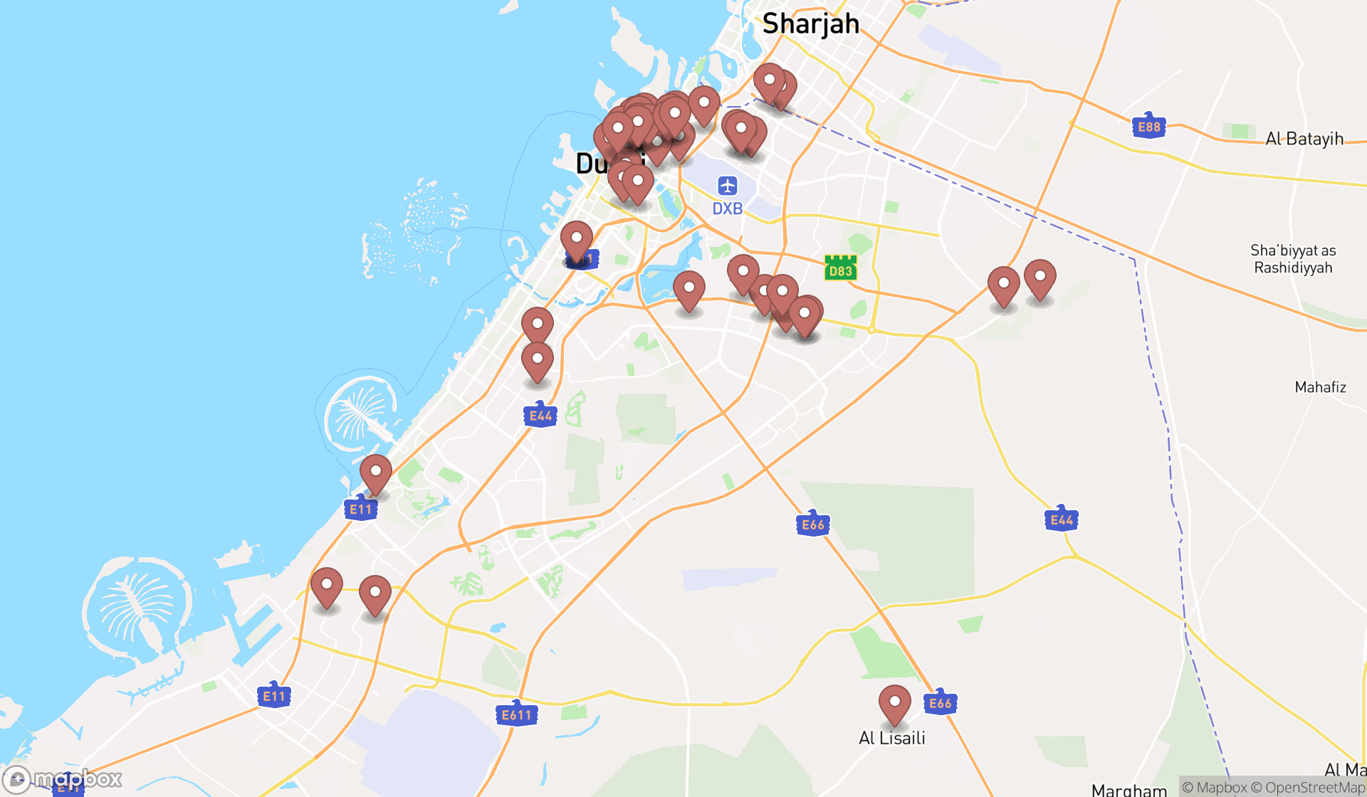Map showing the search results in Dubai