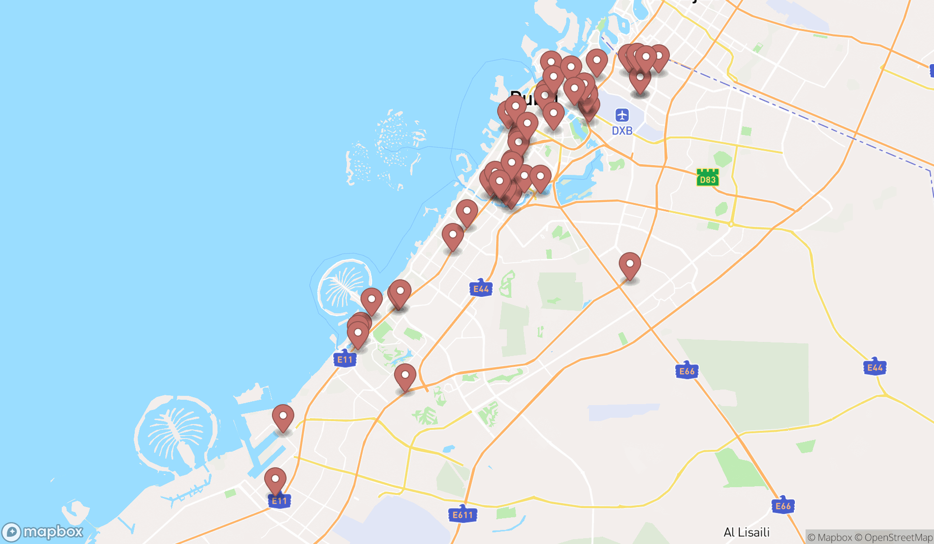 Map showing the search results in Dubai