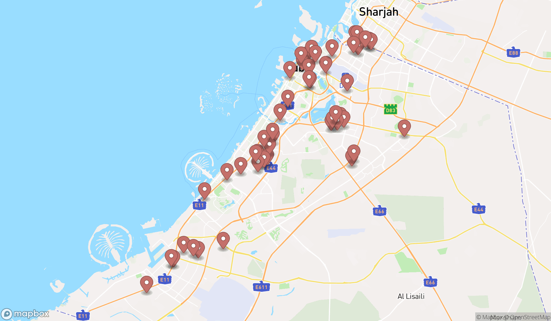 Map showing the search results in Dubai