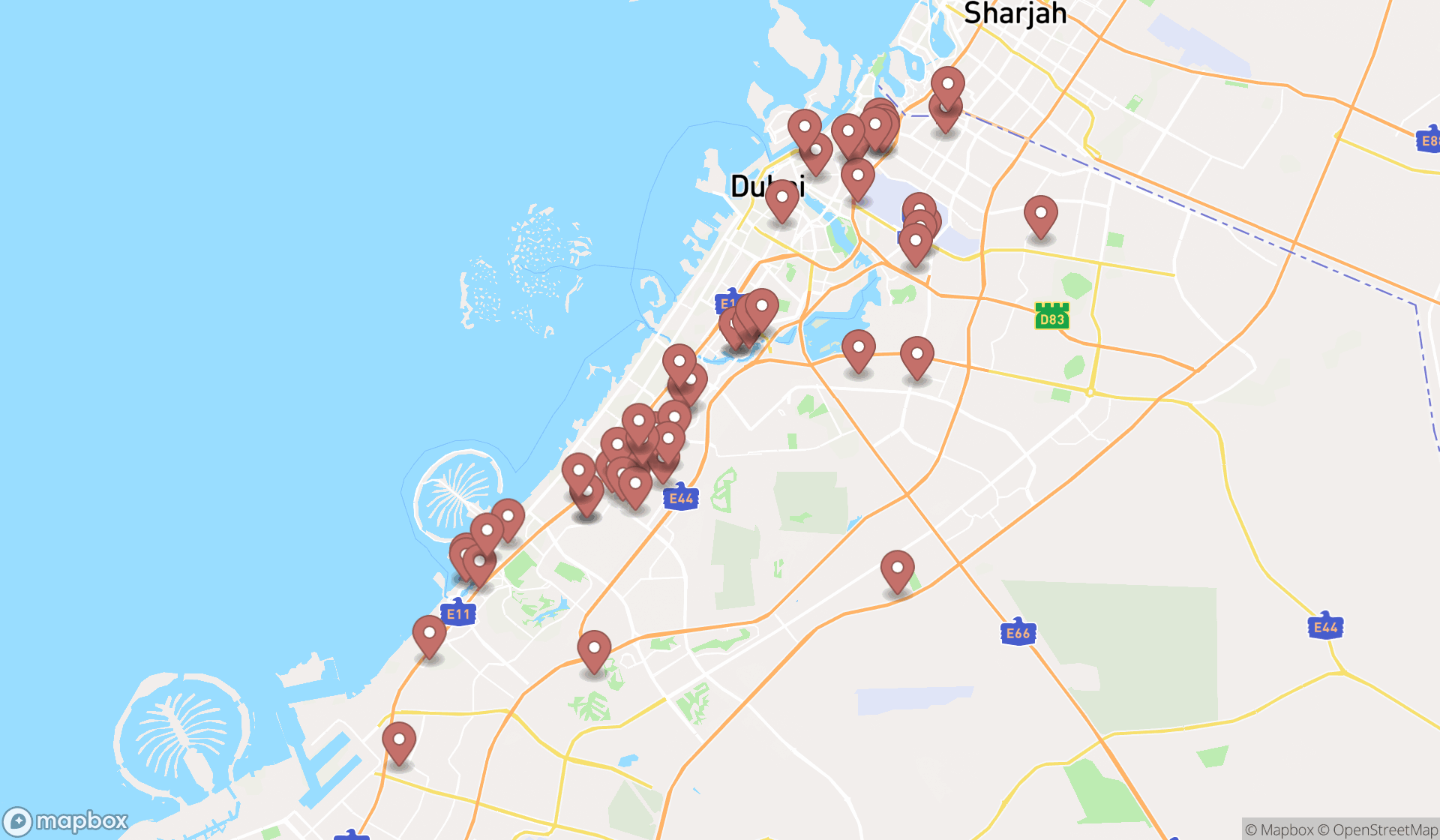 Map showing the search results in Dubai