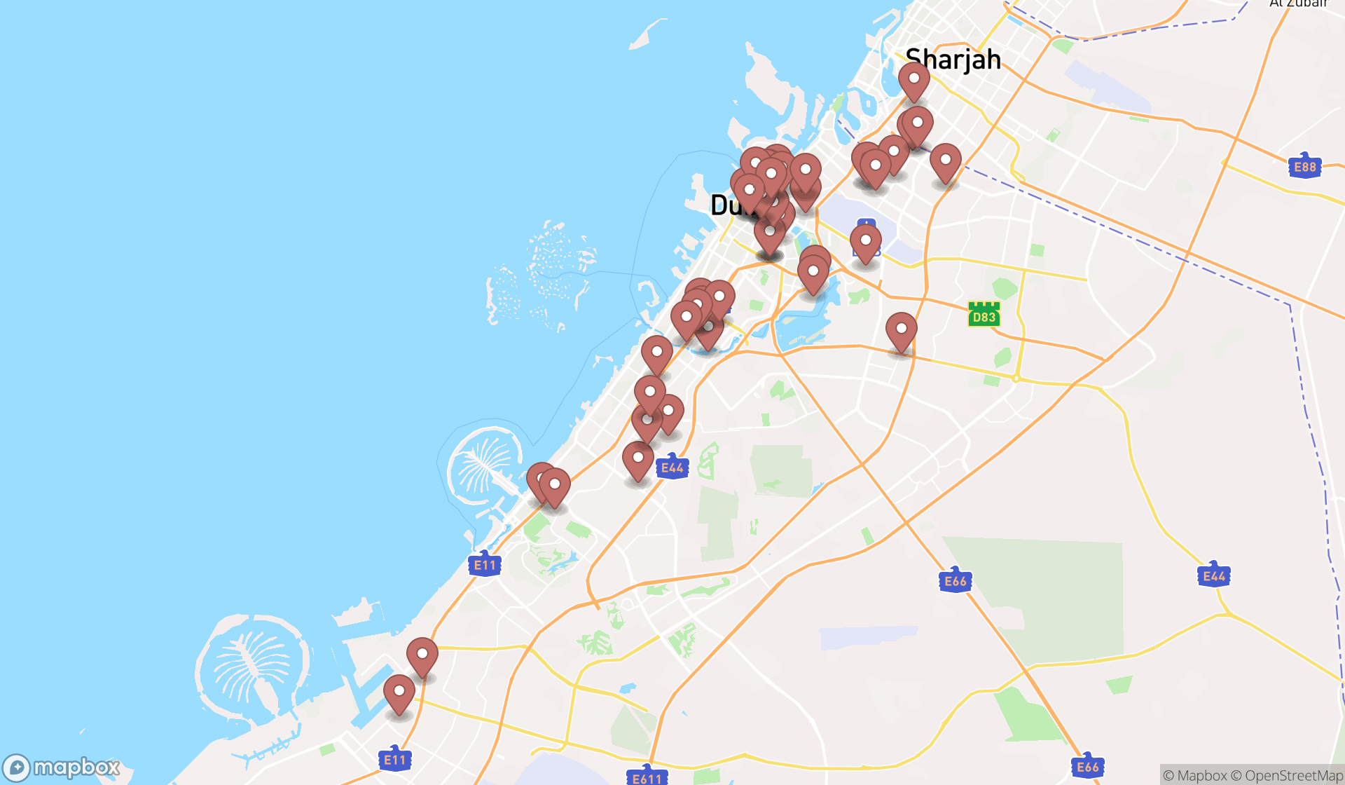 Map showing the search results in Dubai