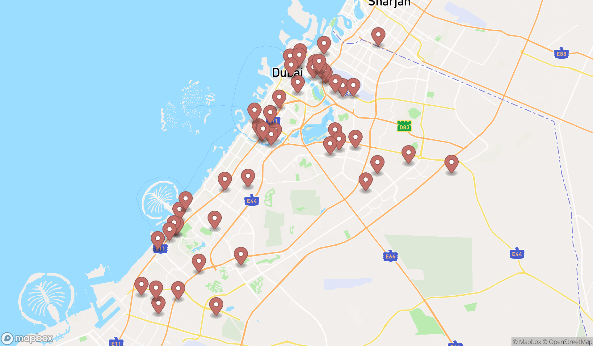 Map showing the search results in Dubai