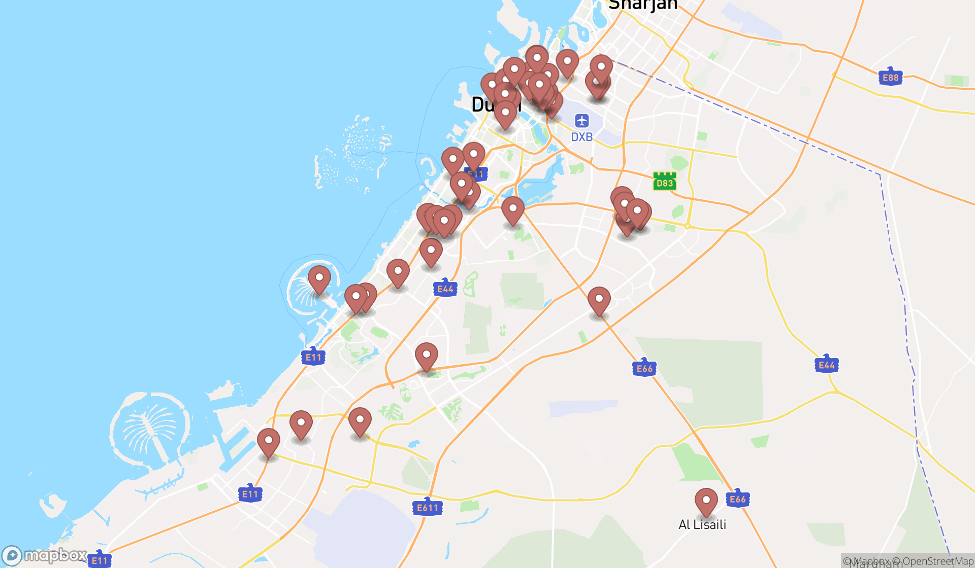 Map showing the search results in Dubai