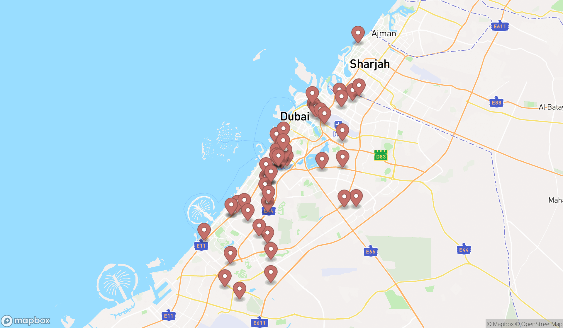 Map showing the search results in Dubai