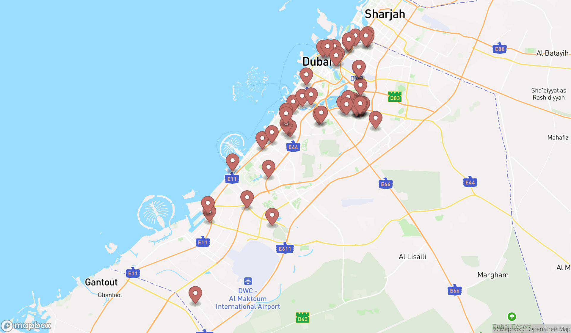 Map showing the search results in Dubai