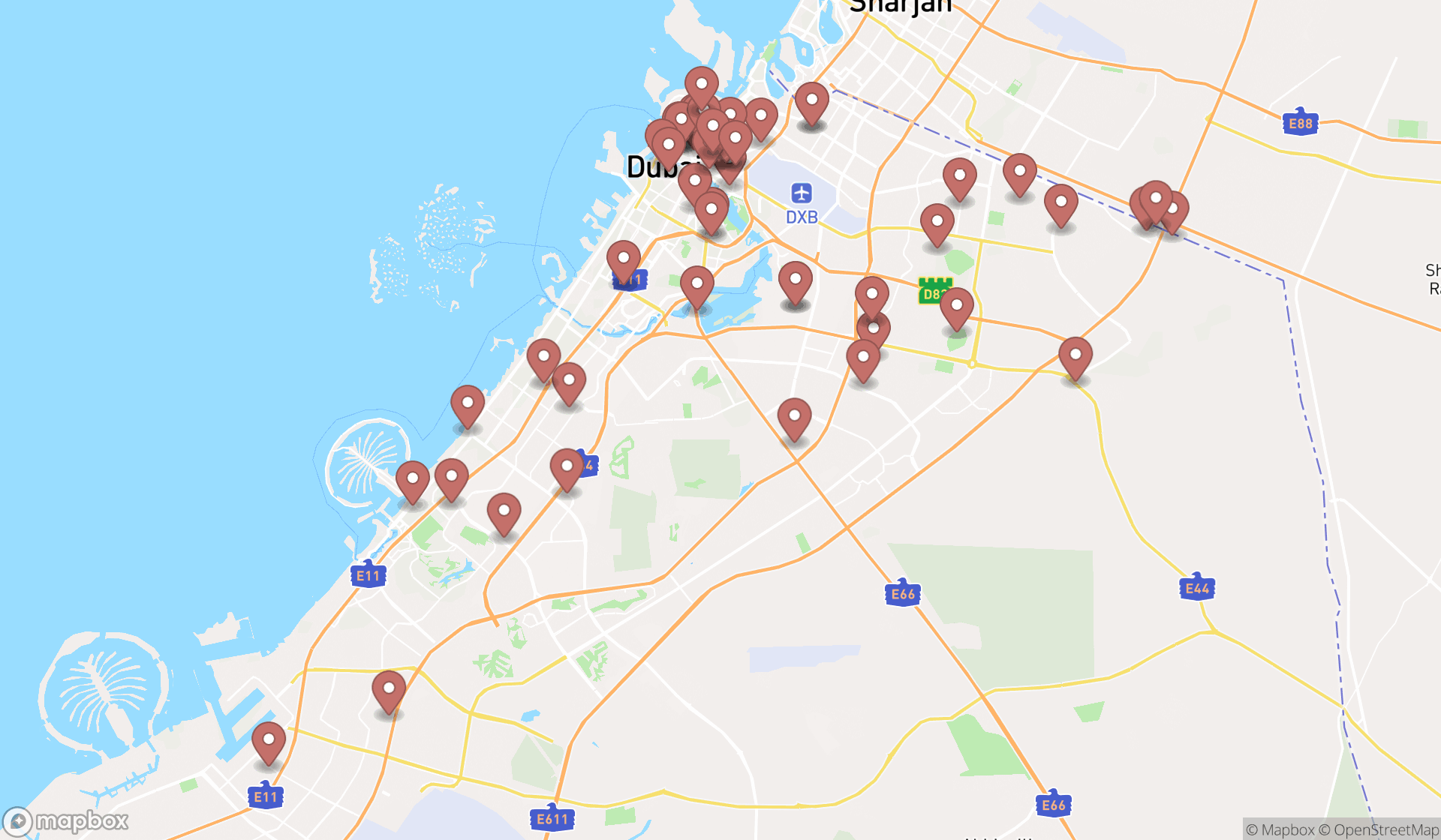 Map showing the search results in Dubai
