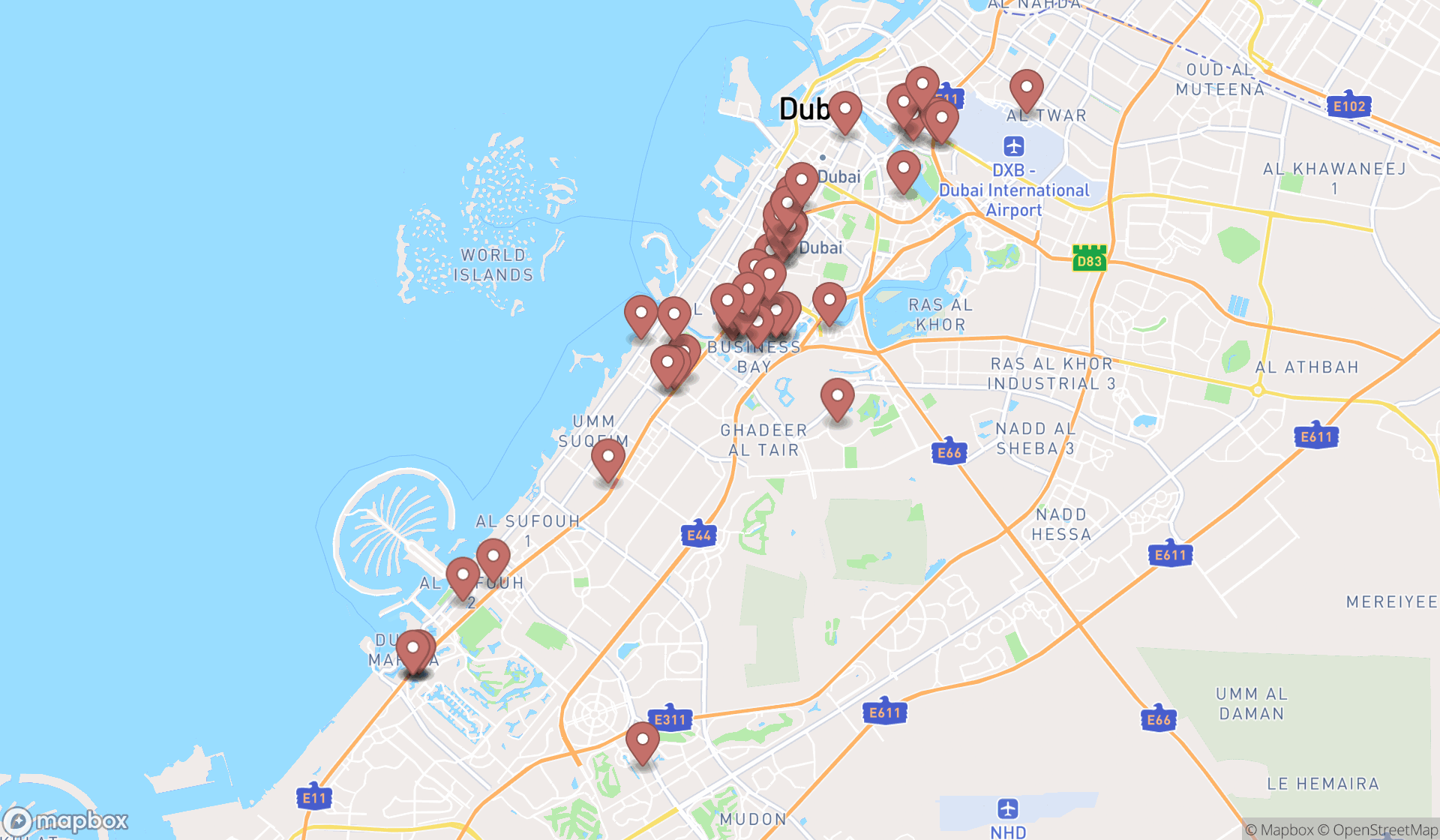 Map showing the search results in Dubai