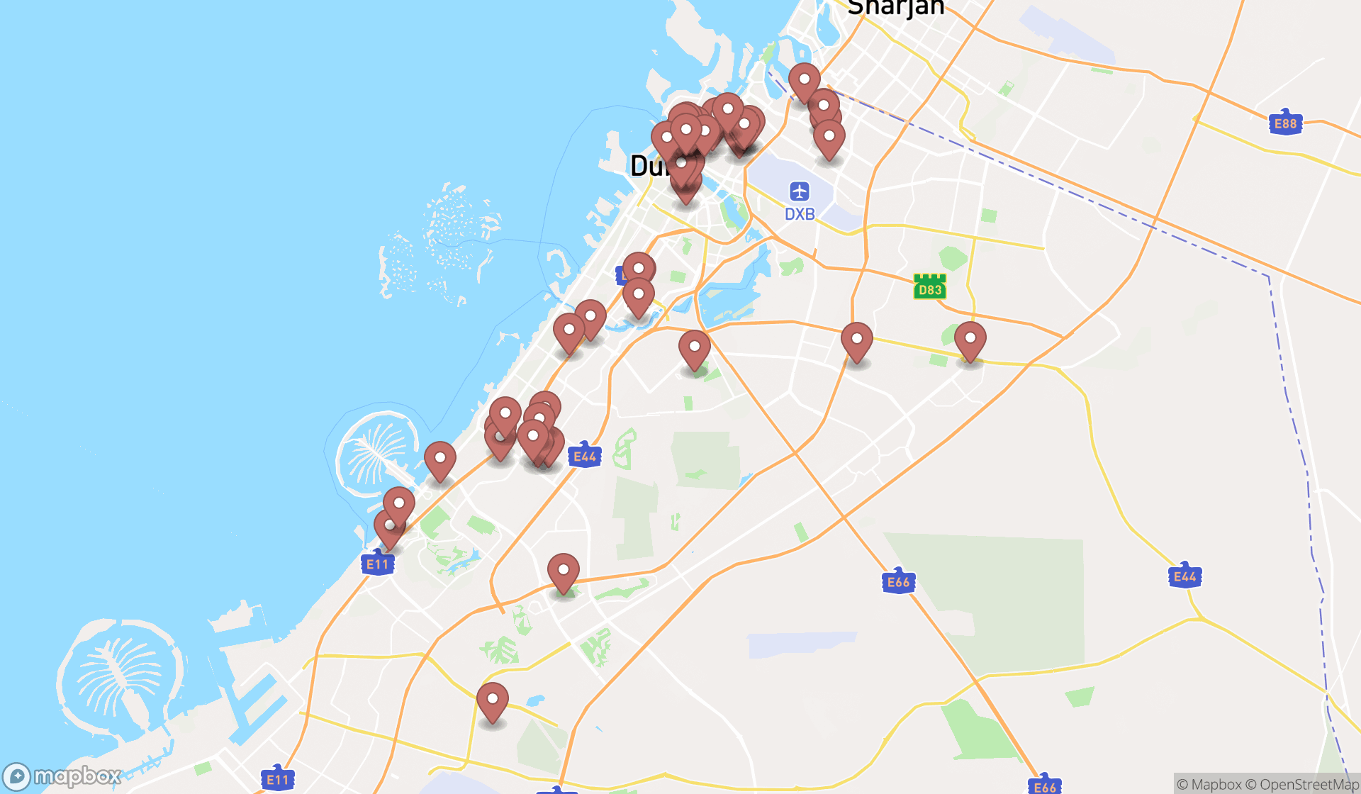 Map showing the search results in Dubai