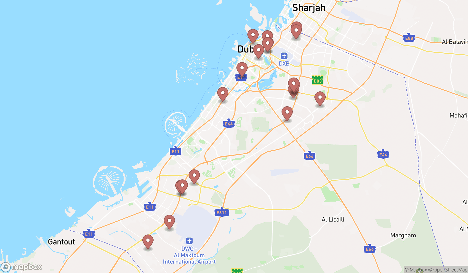 Map showing the search results in Dubai