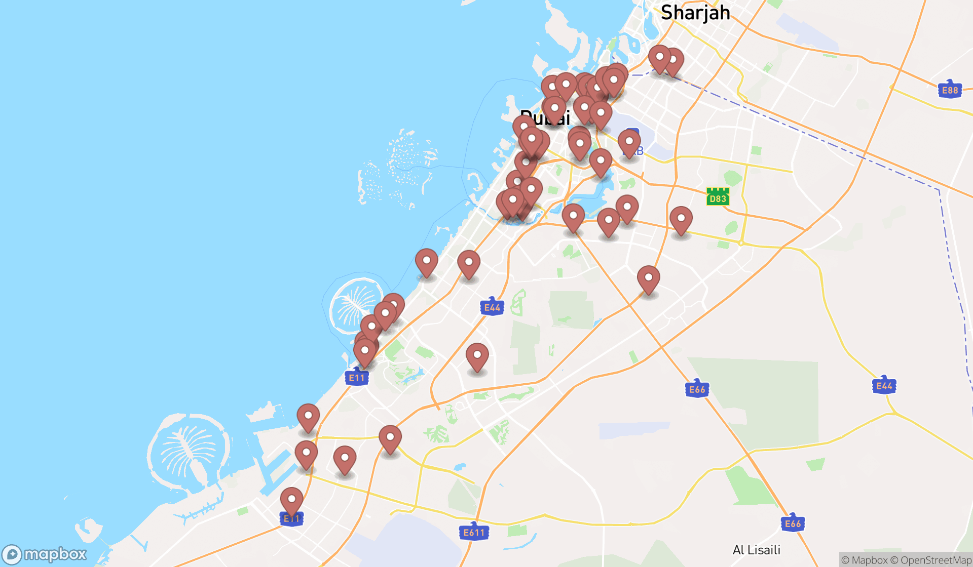 Map showing the search results in Dubai