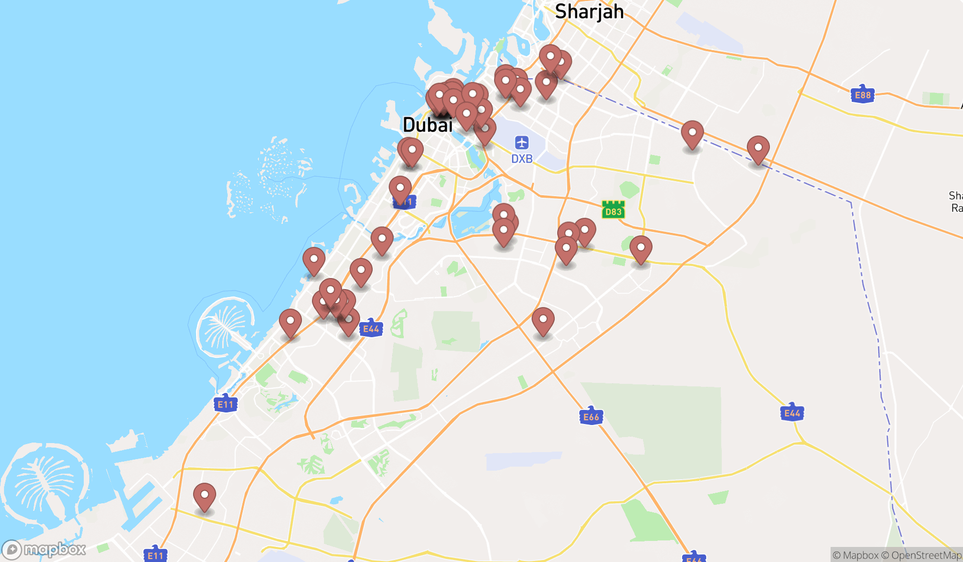 Map showing the search results in Dubai