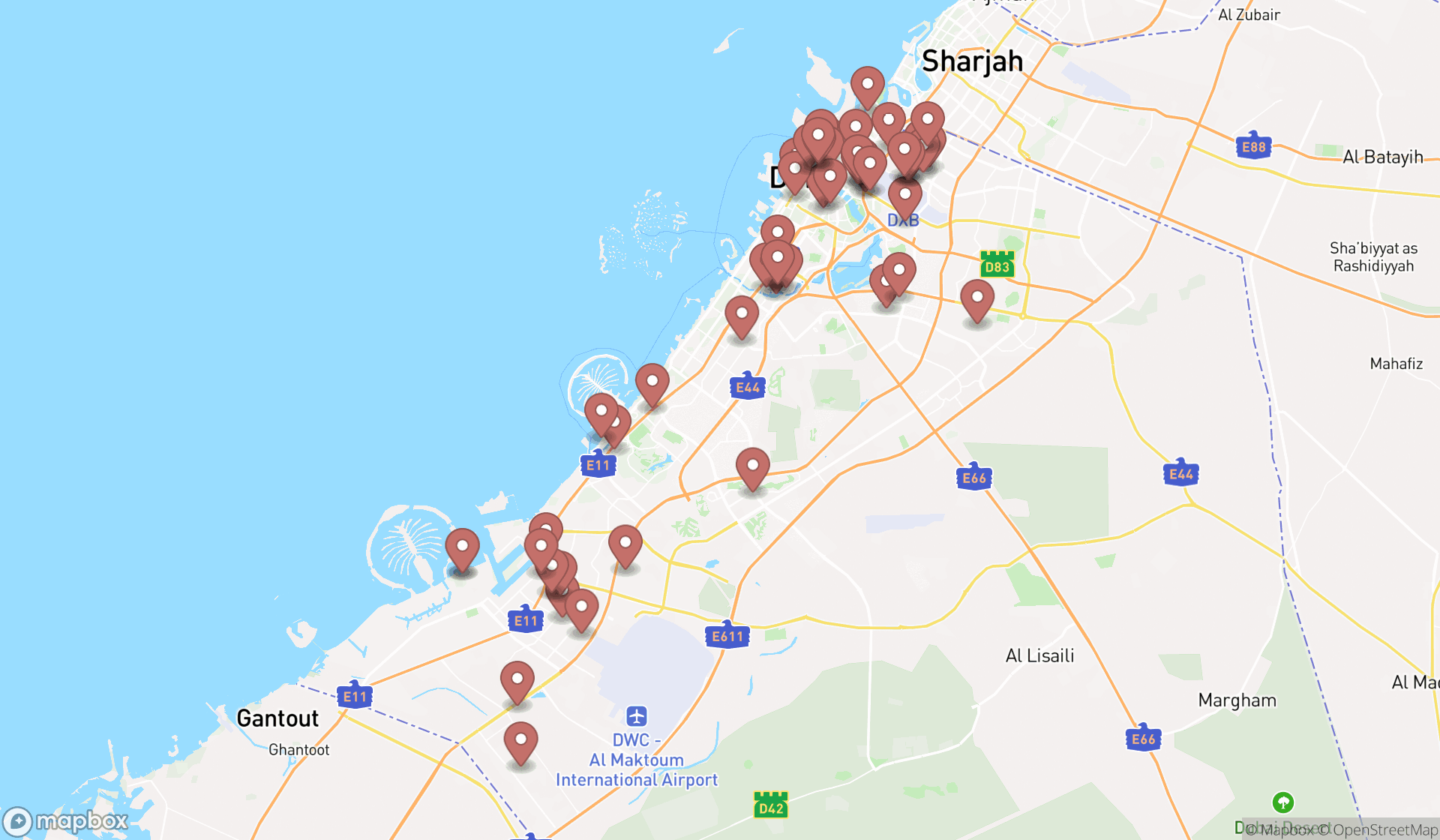 Map showing the search results in Dubai