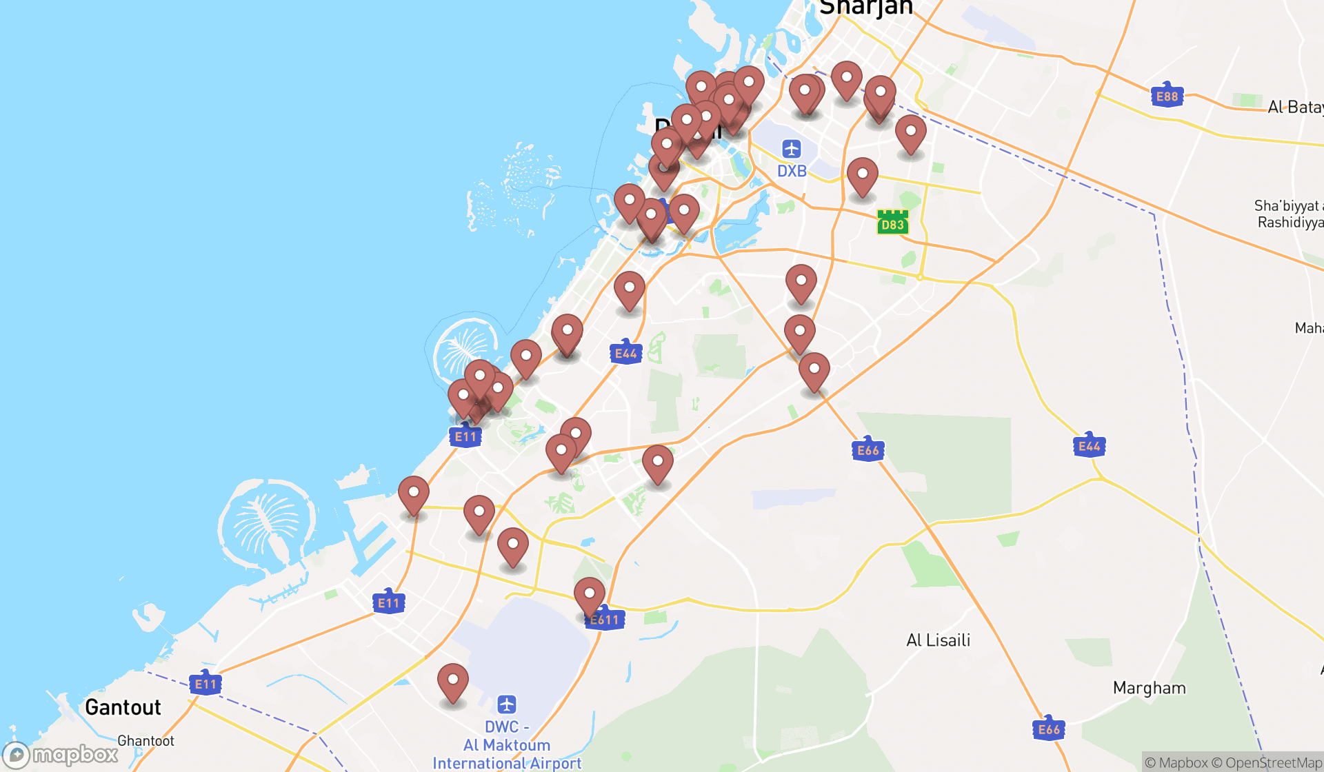 Map showing the search results in Dubai