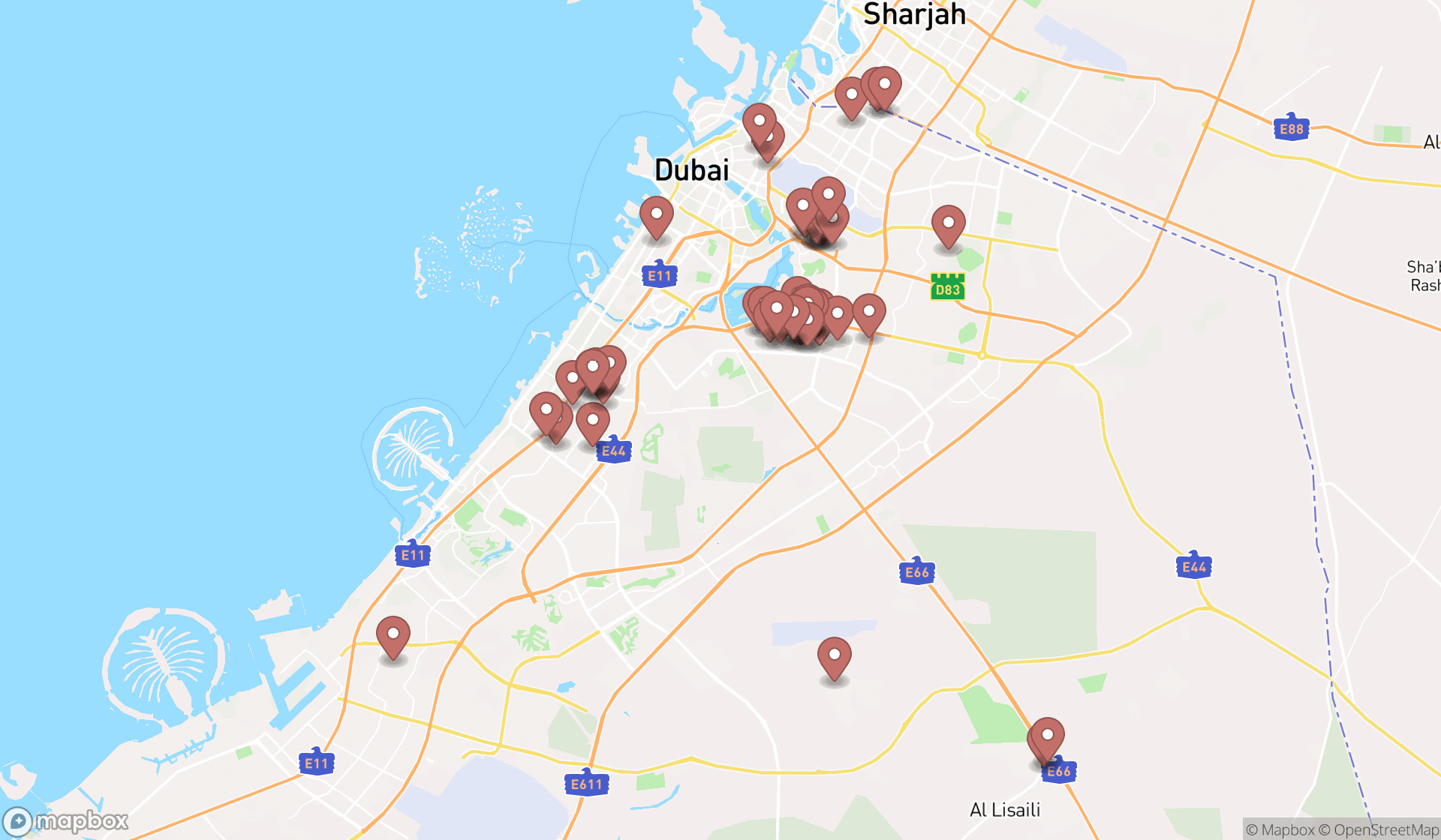 Map showing the search results in Dubai