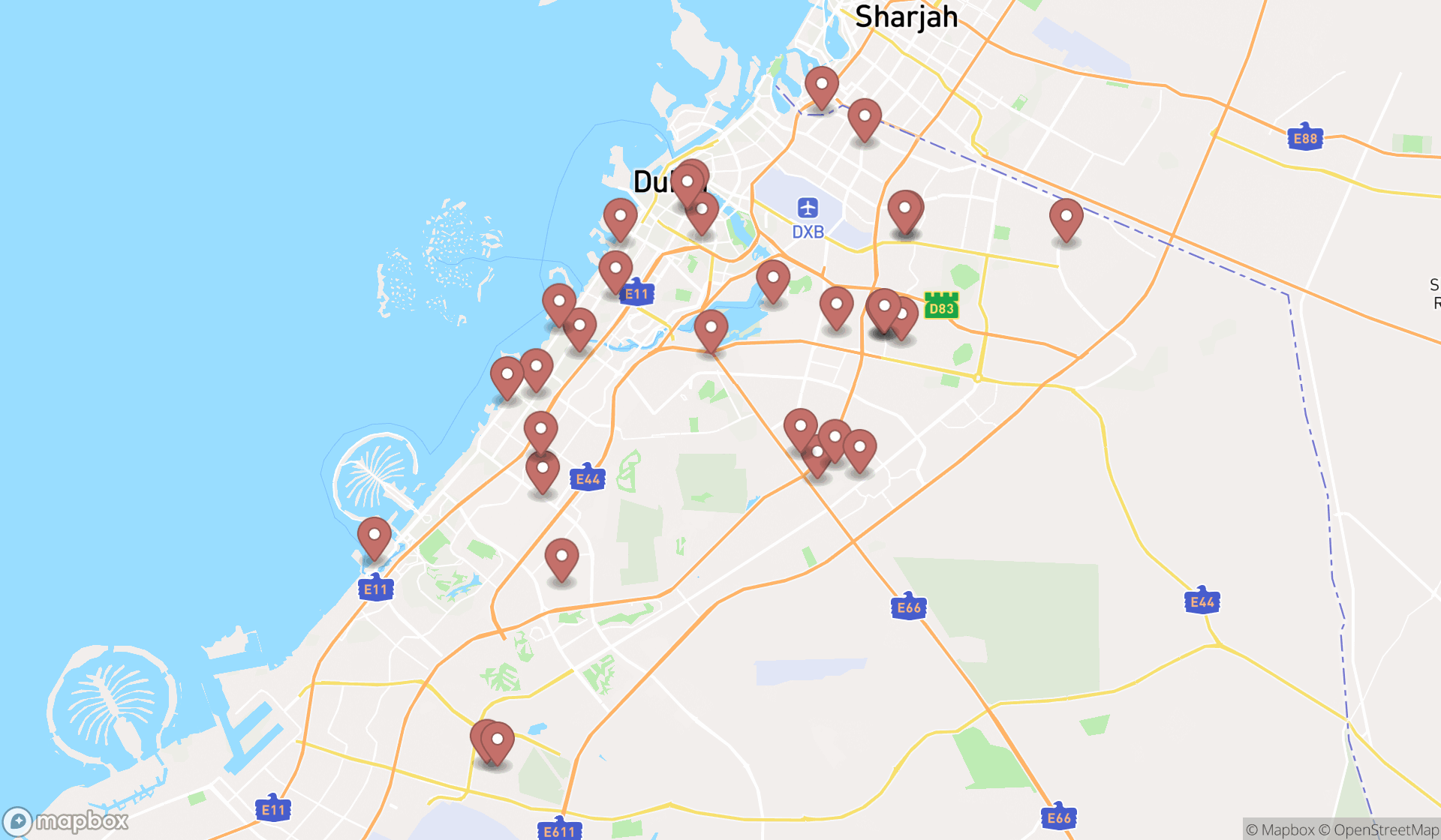 Map showing the search results in Dubai