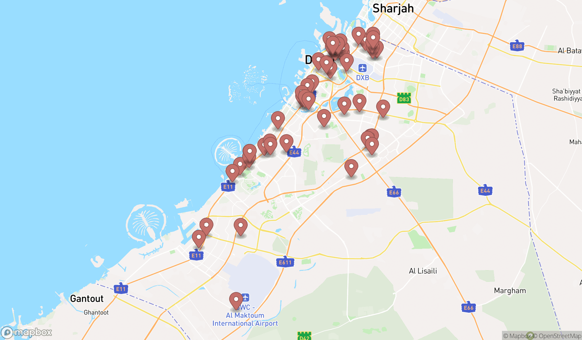 Map showing the search results in Dubai