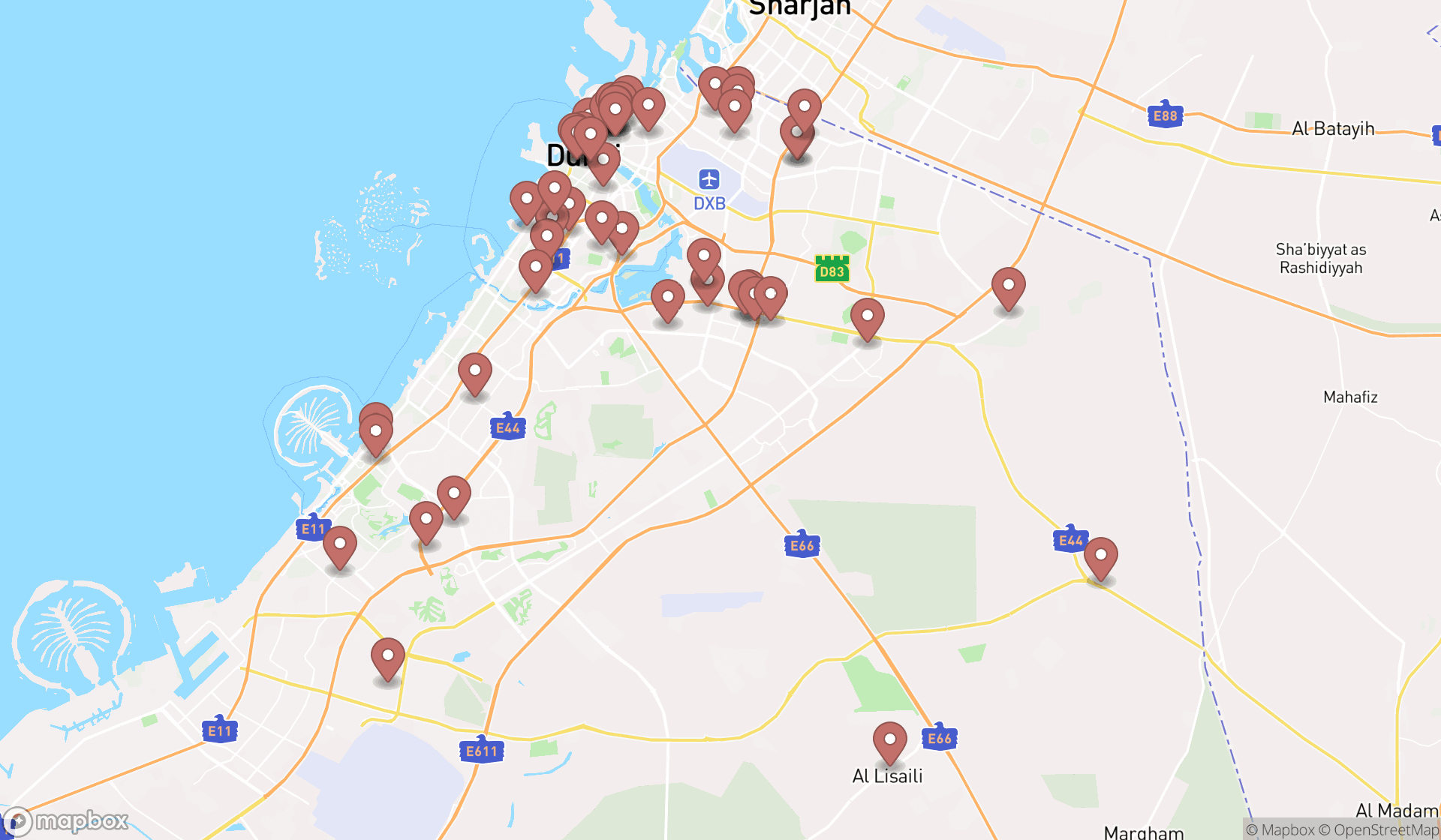 Map showing the search results in Dubai