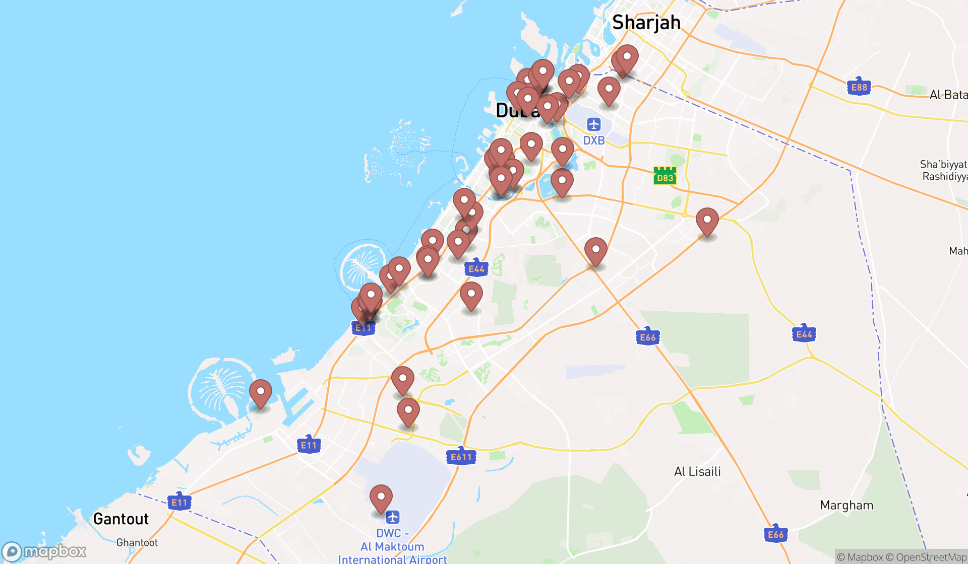 Map showing the search results in Dubai