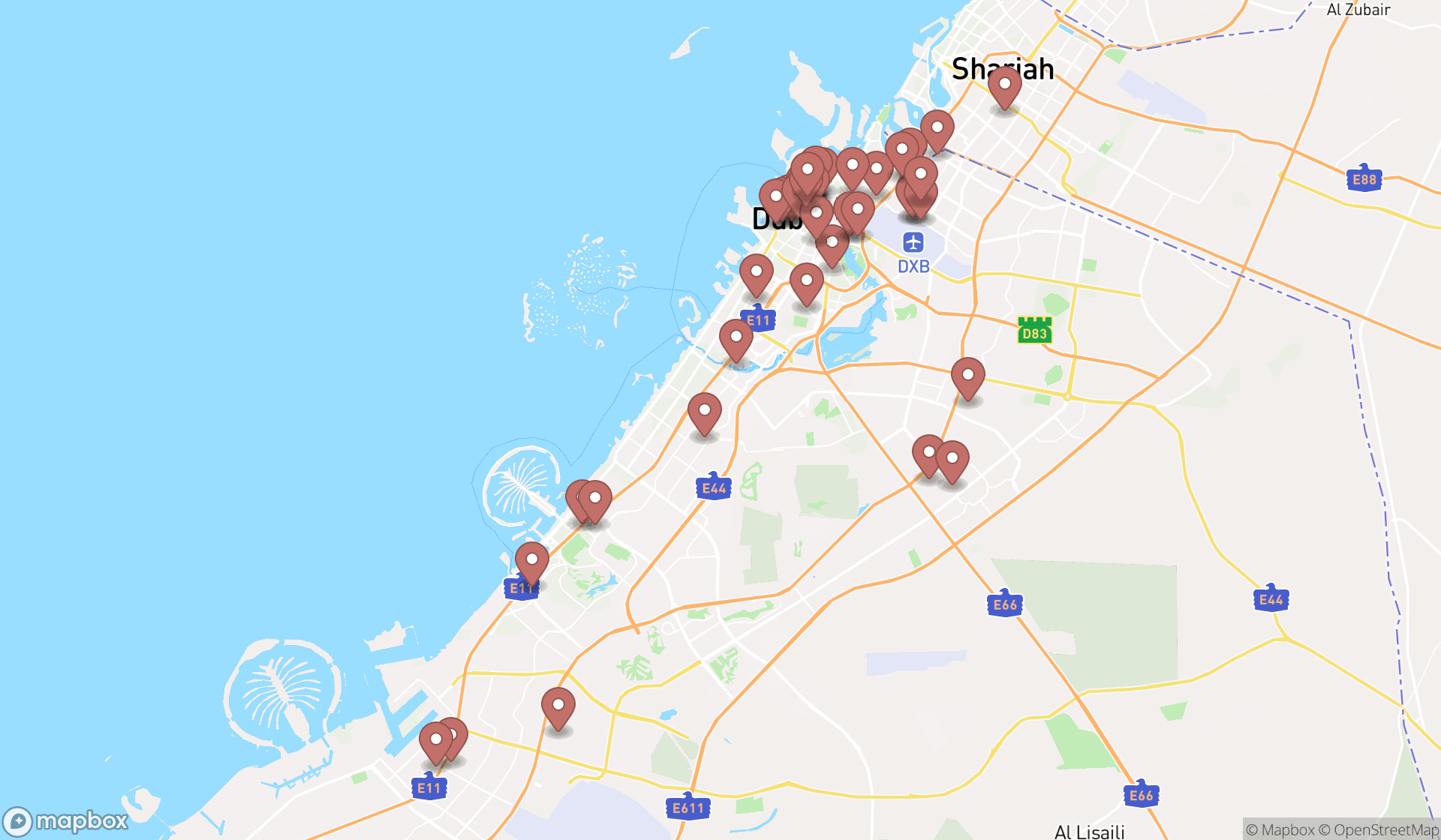 Map showing the search results in Dubai