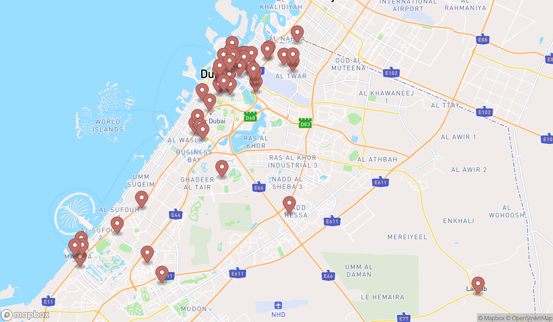 Map showing the search results in Dubai
