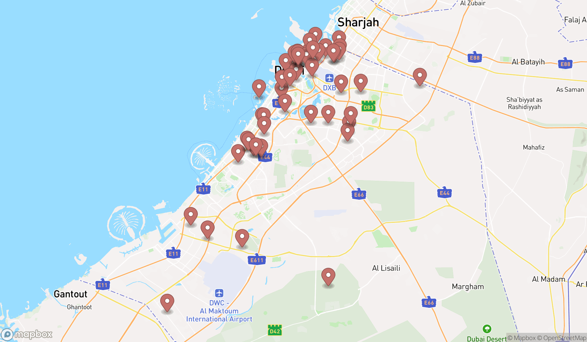 Map showing the search results in Dubai