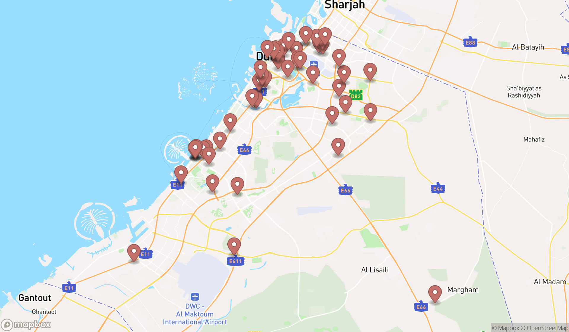 Map showing the search results in Dubai