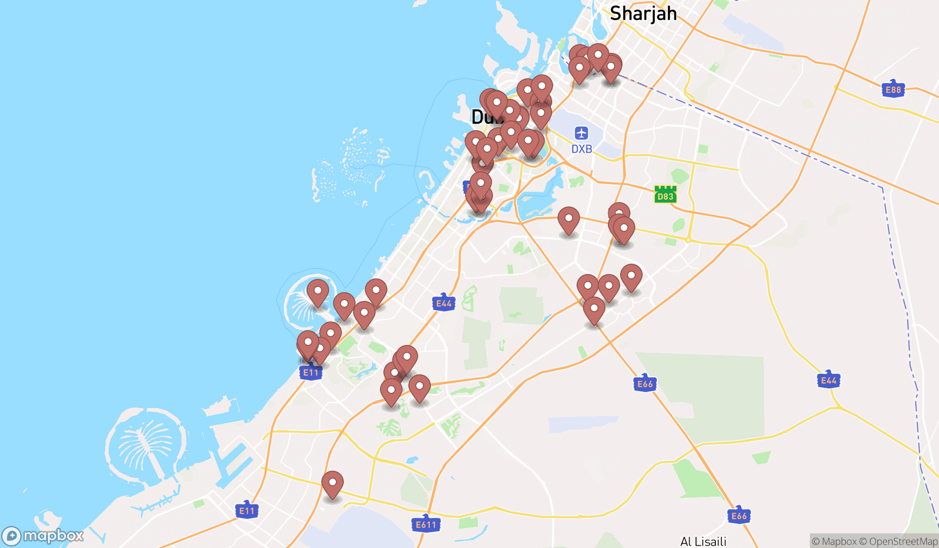 Map showing the search results in Dubai