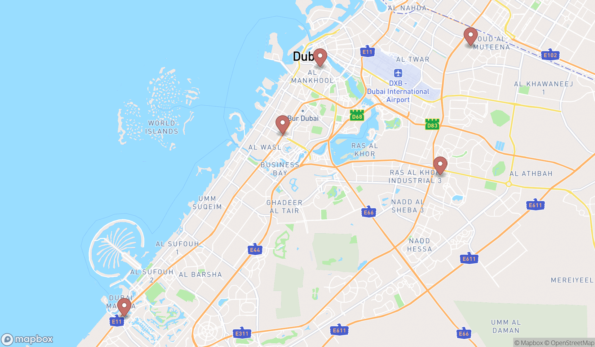 Map showing the search results in Dubai