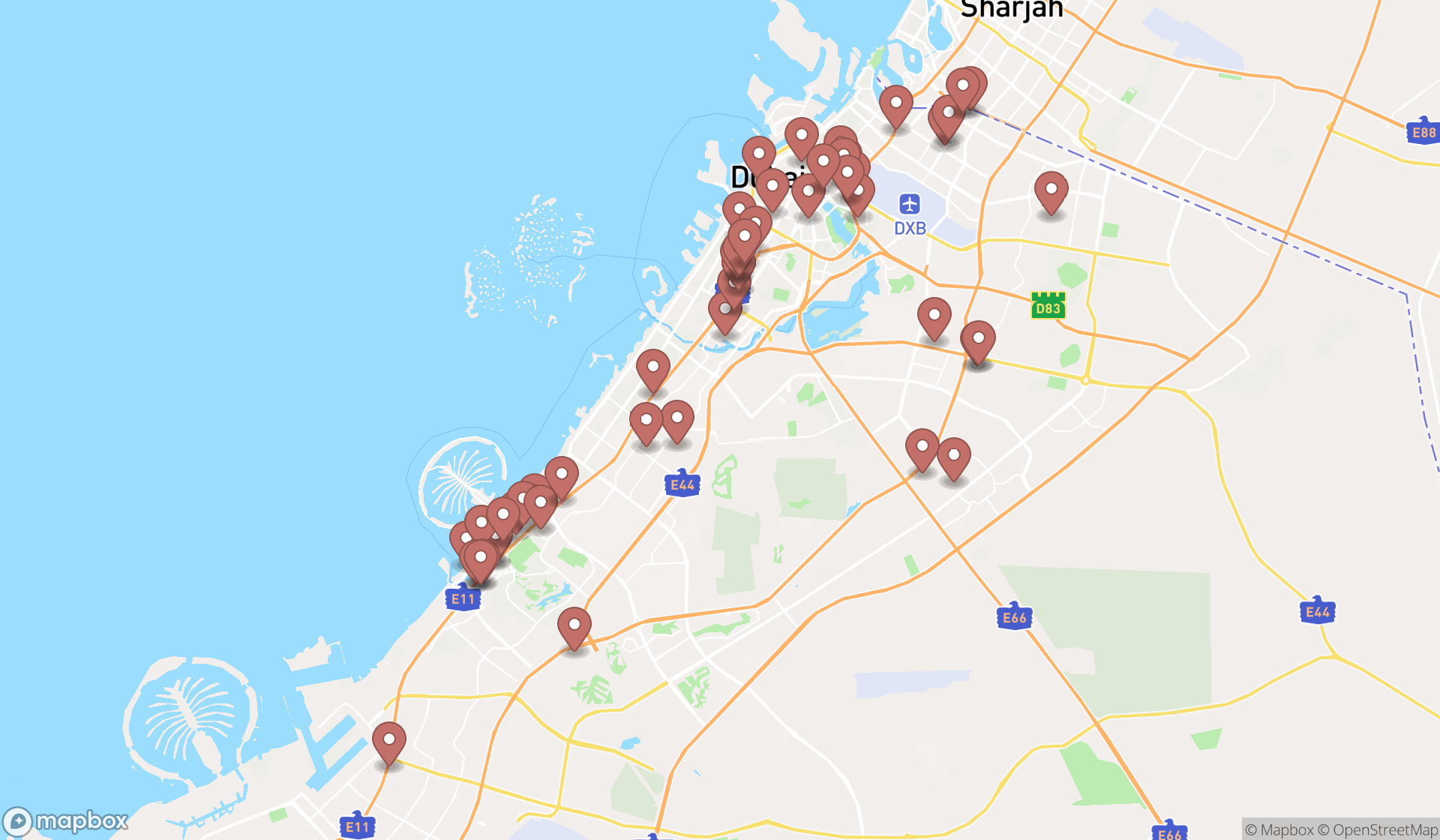 Map showing the search results in Dubai
