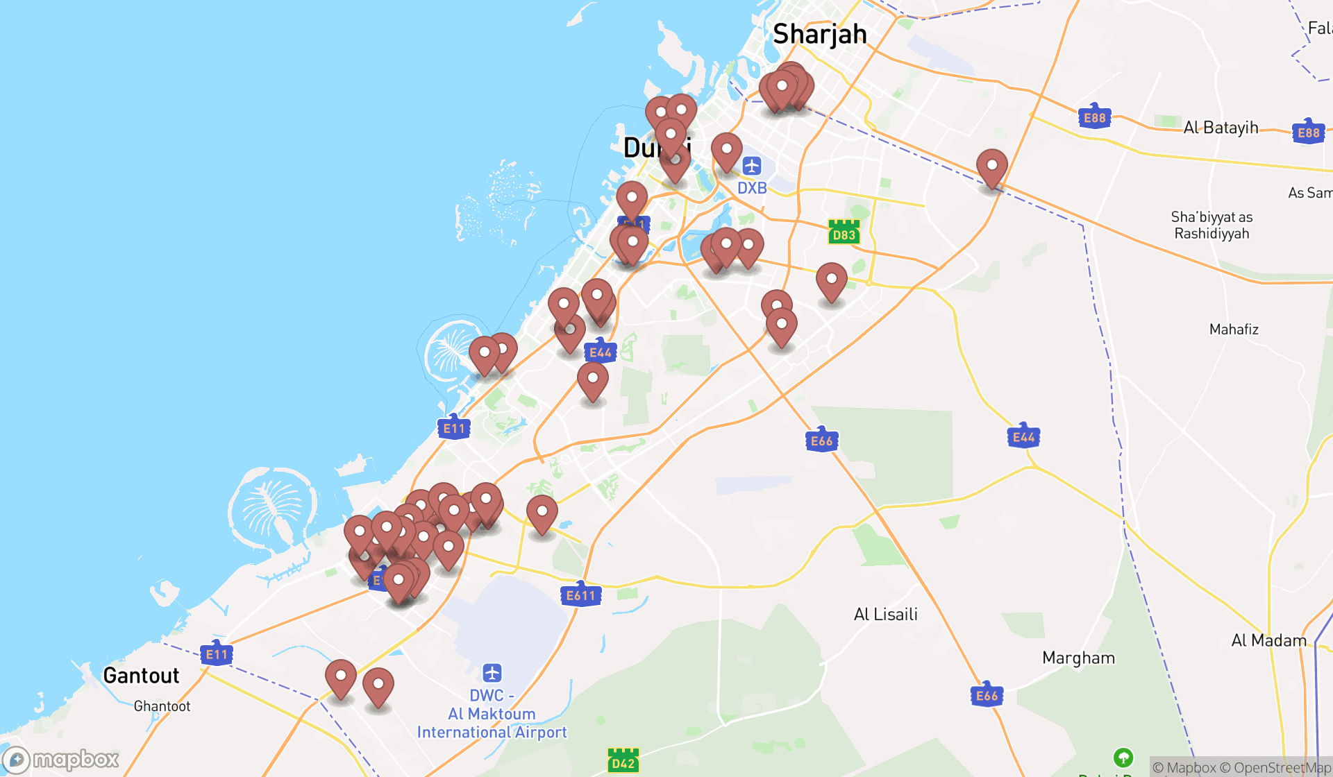 Map showing the search results in Dubai