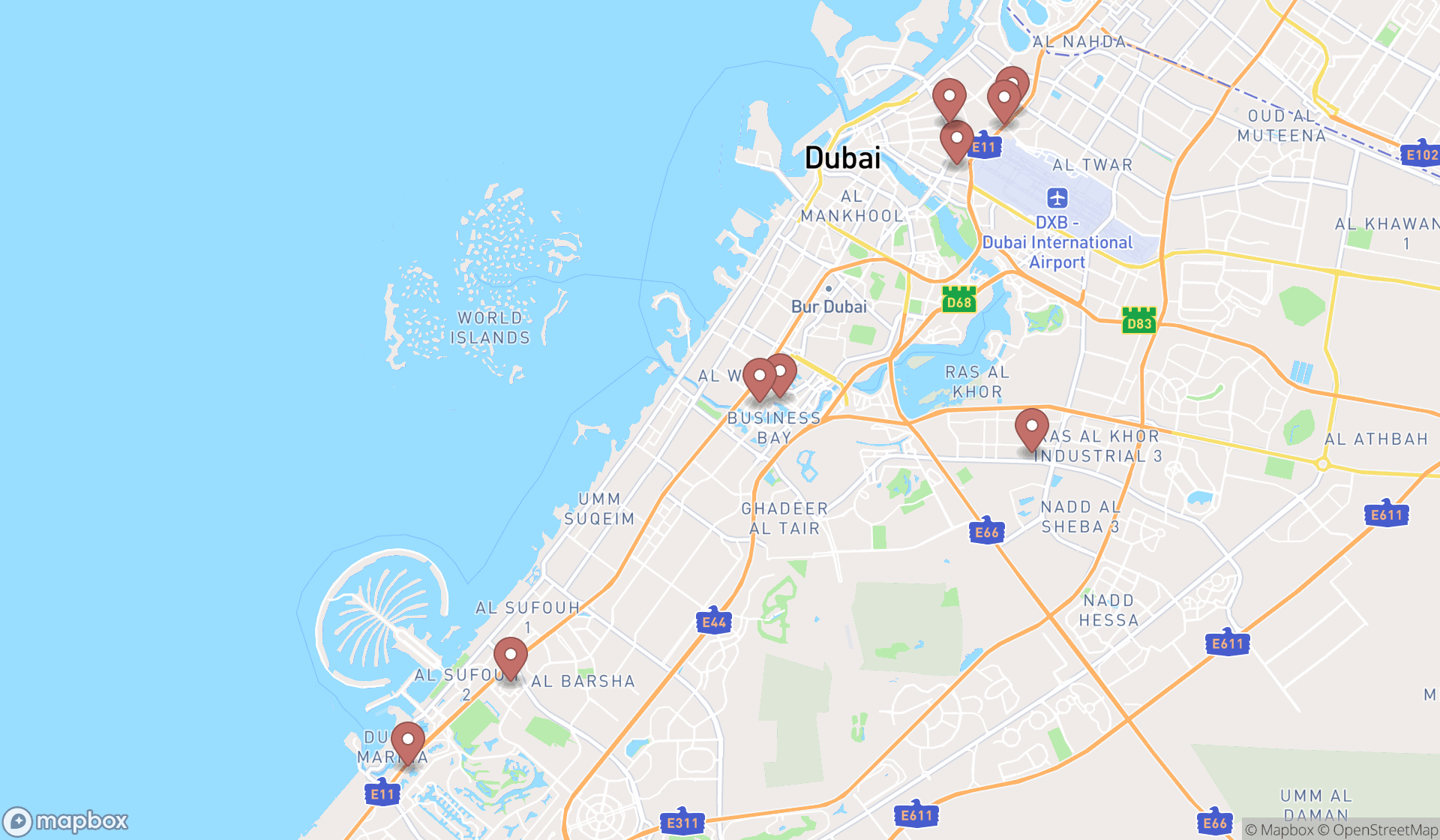 Map showing the search results in Dubai