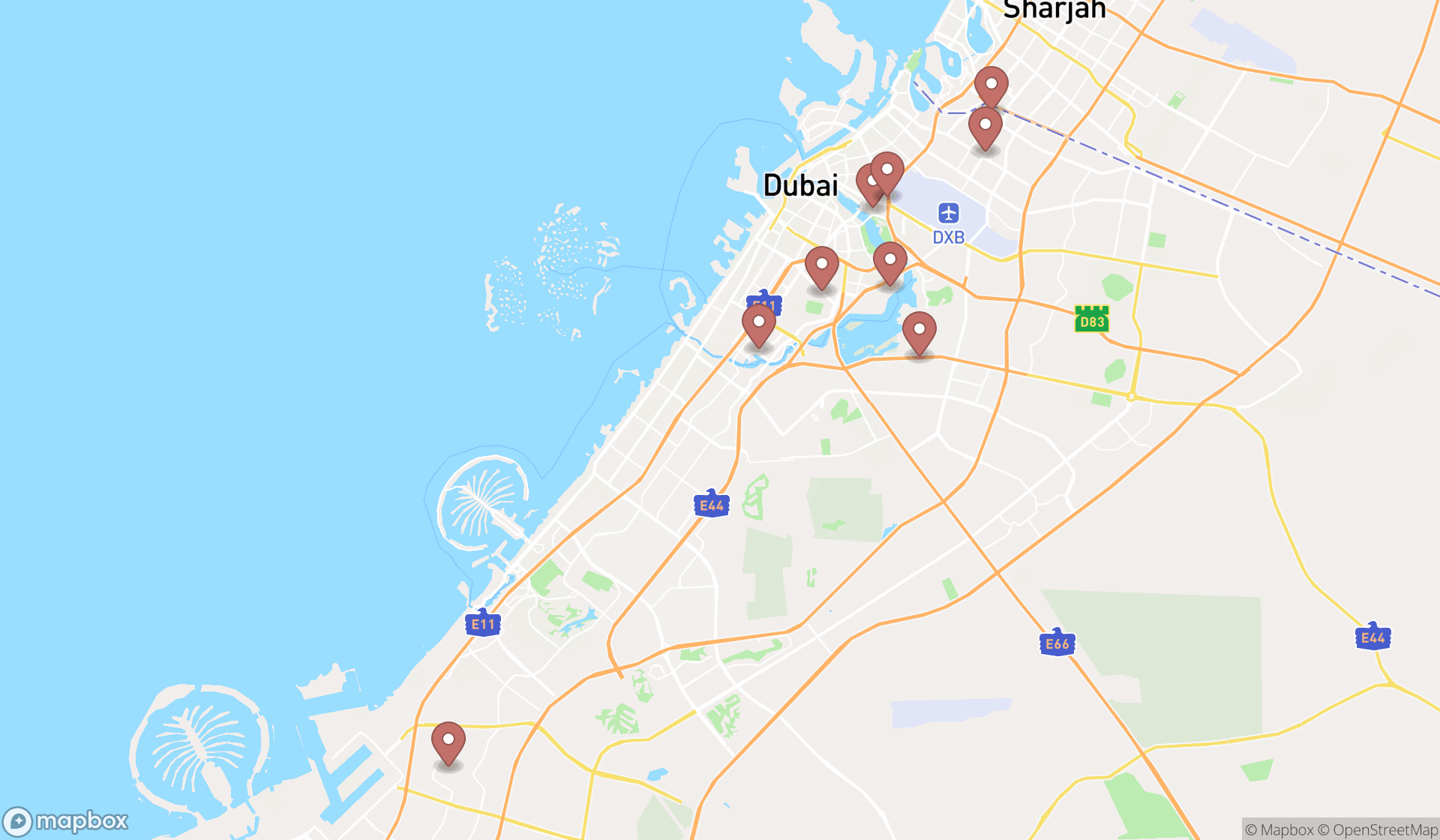 Map showing the search results in Dubai