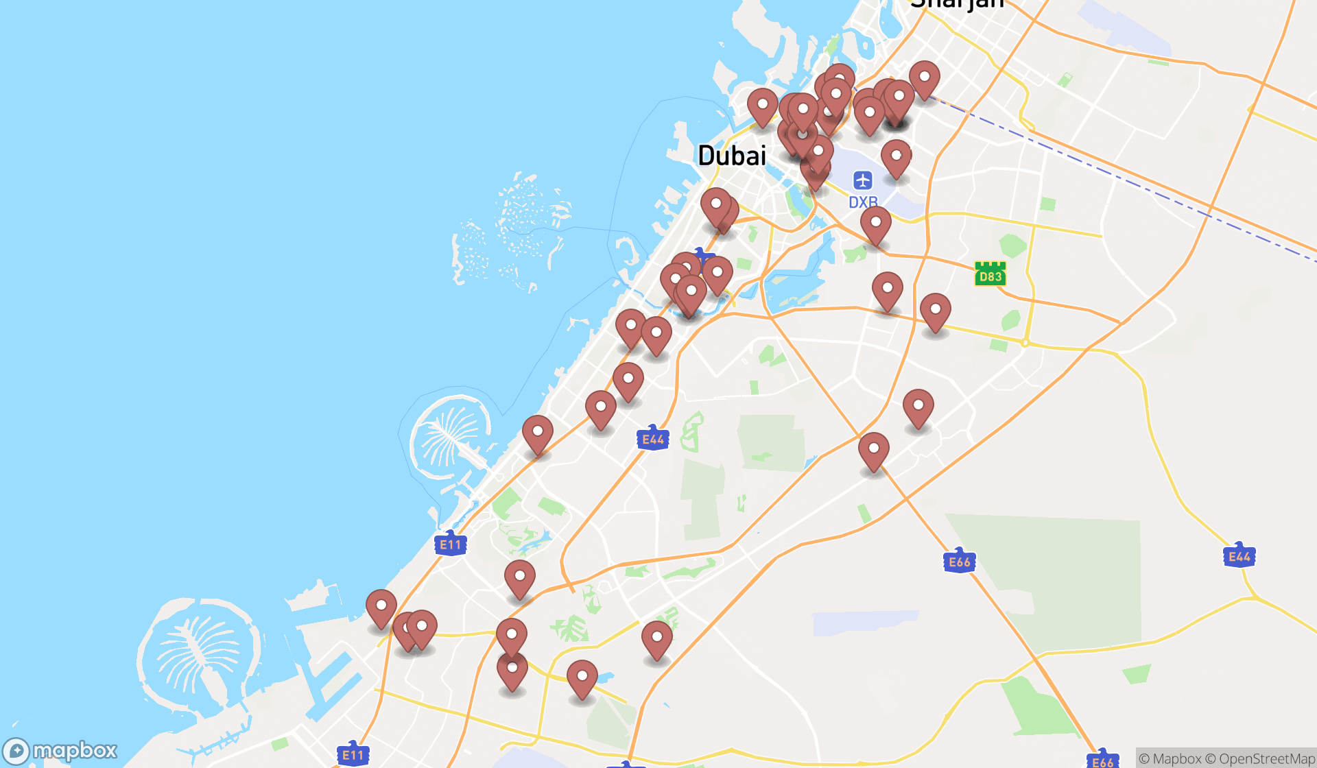 Map showing the search results in Dubai