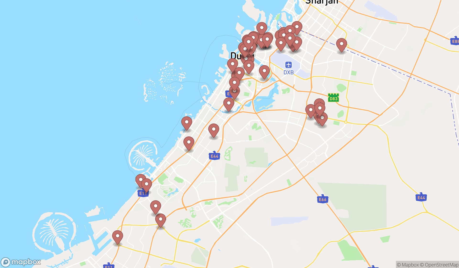 Map showing the search results in Dubai