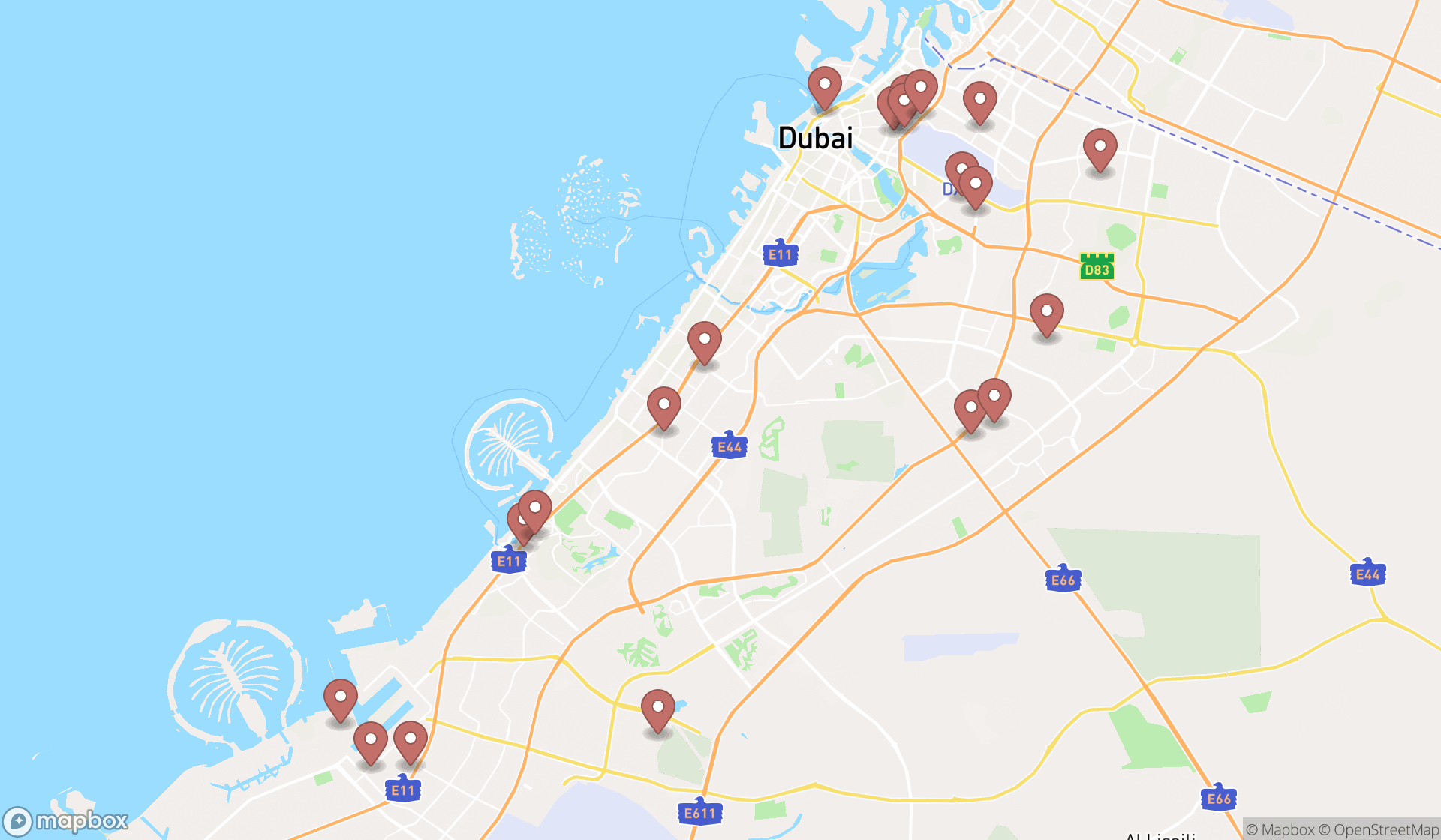 Map showing the search results in Dubai