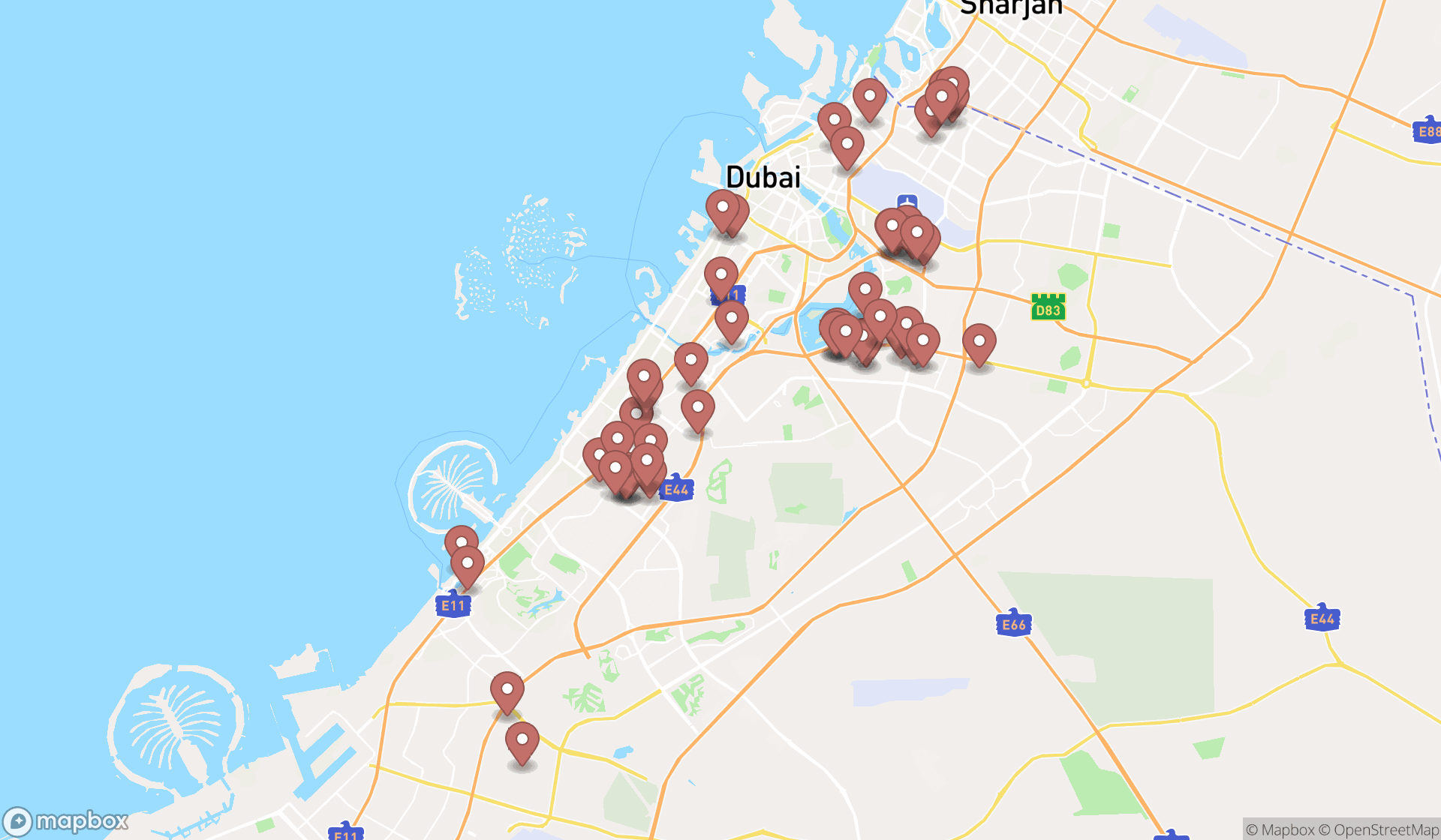 Map showing the search results in Dubai