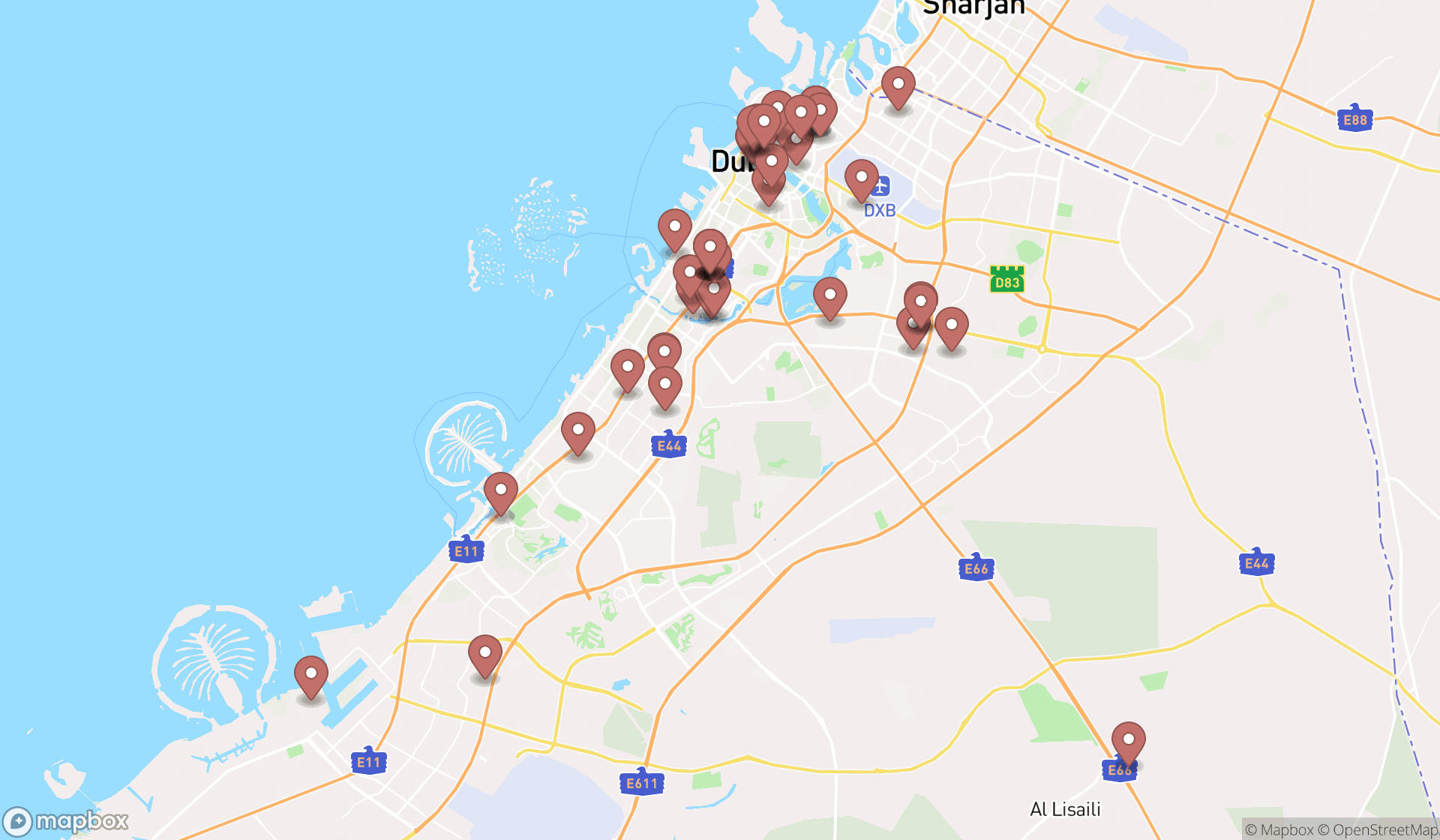 Map showing the search results in Dubai