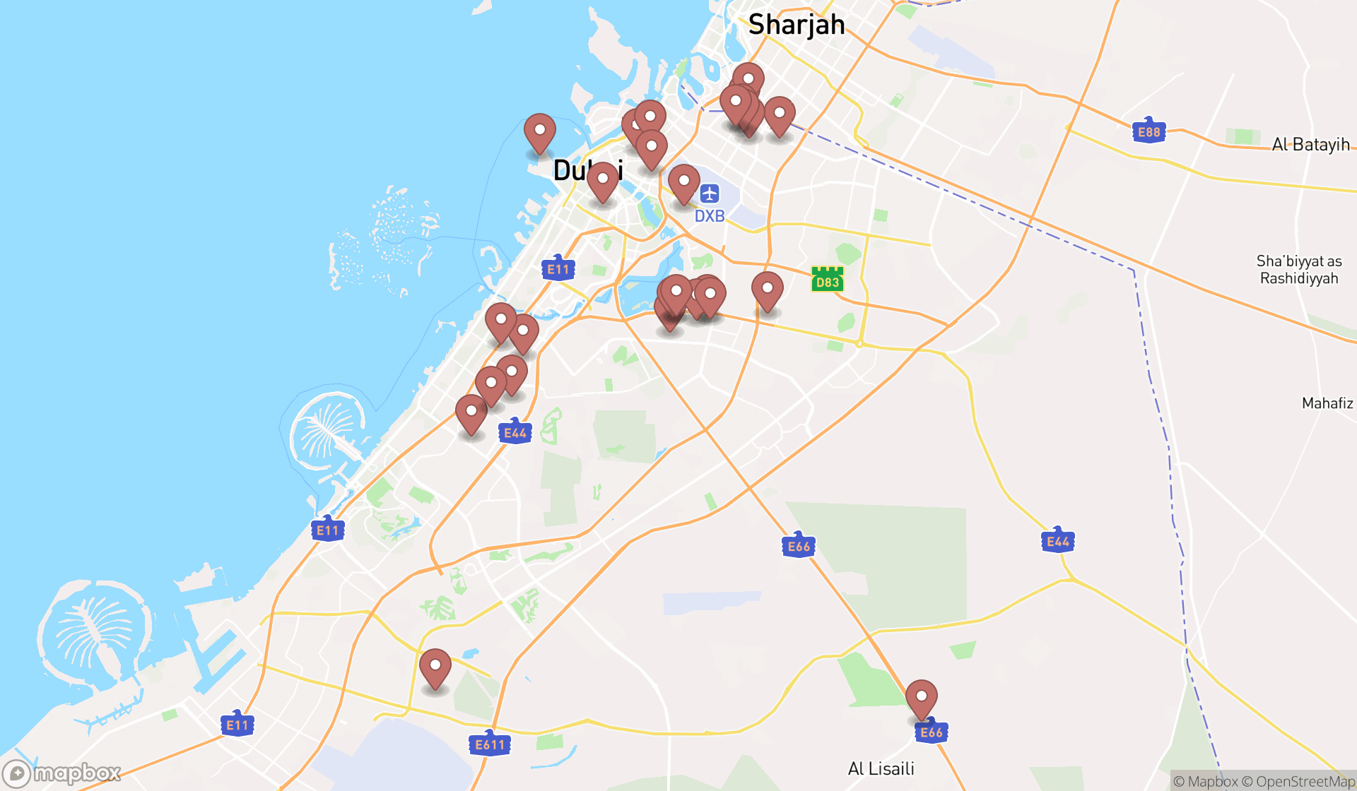 Map showing the search results in Dubai