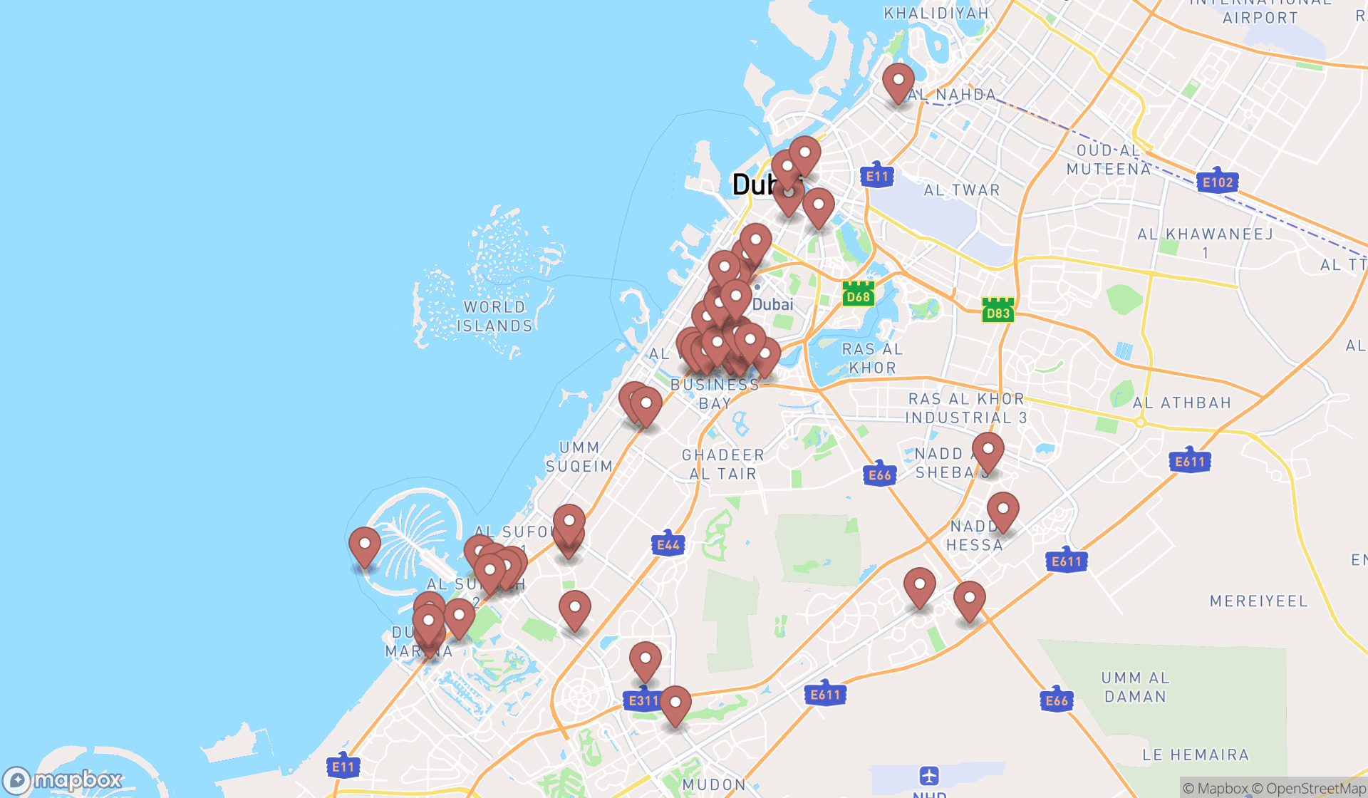 Map showing the search results in Dubai