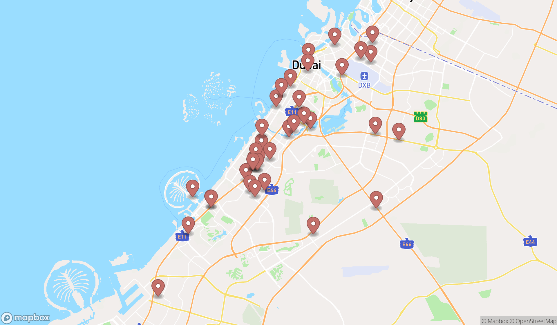 Map showing the search results in Dubai