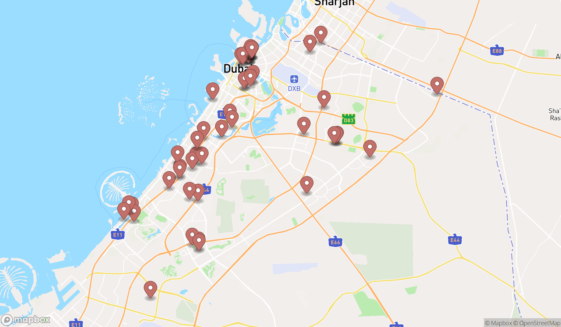 Map showing the search results in Dubai