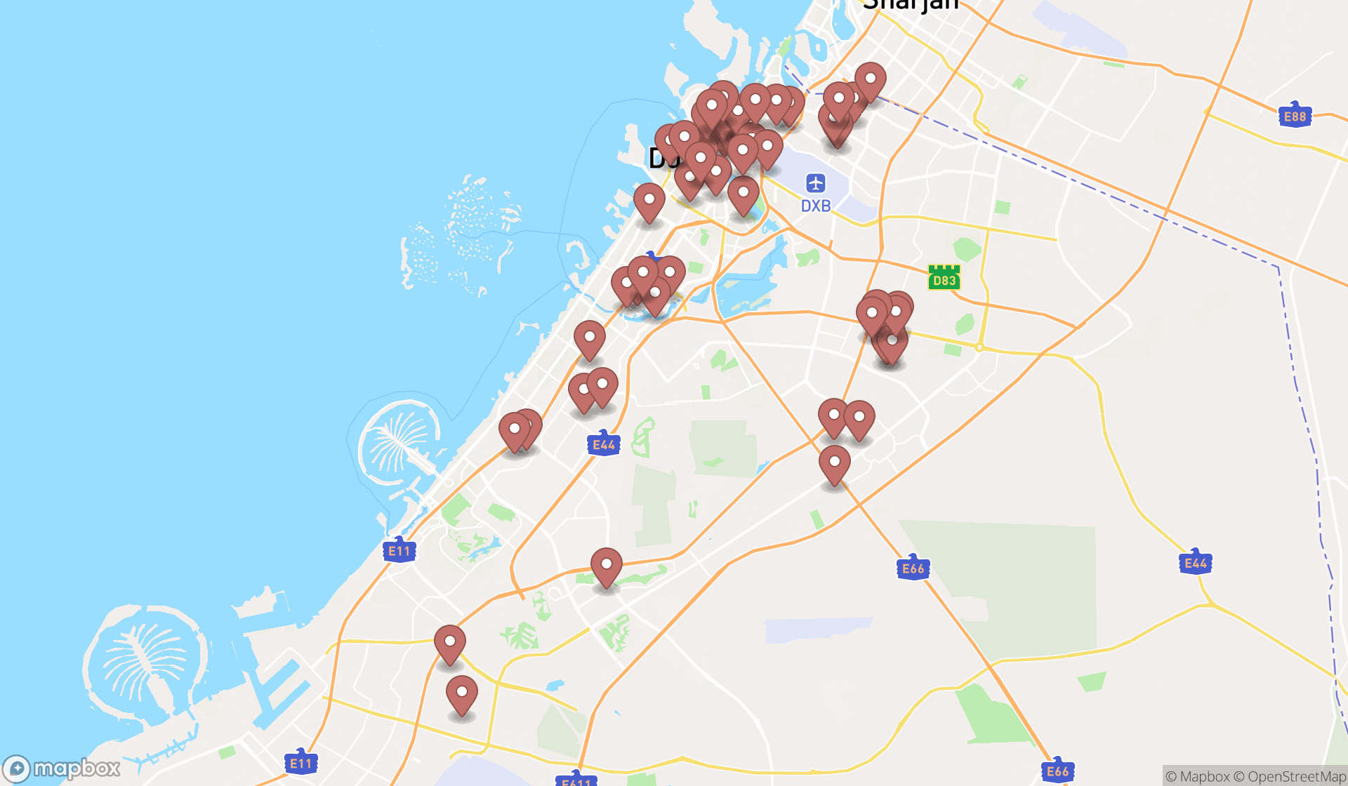 Map showing the search results in Dubai