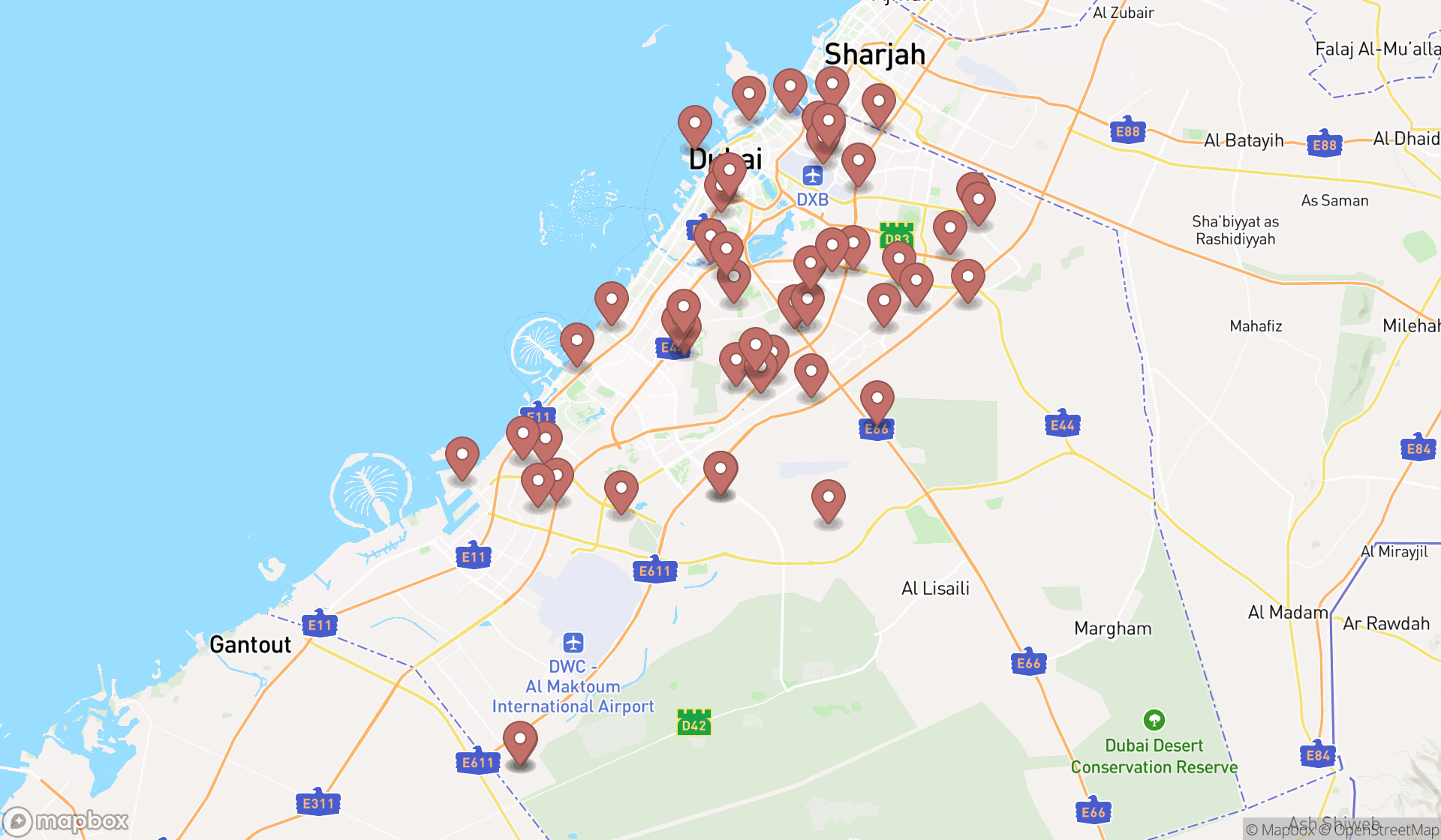 Map showing the search results in Dubai
