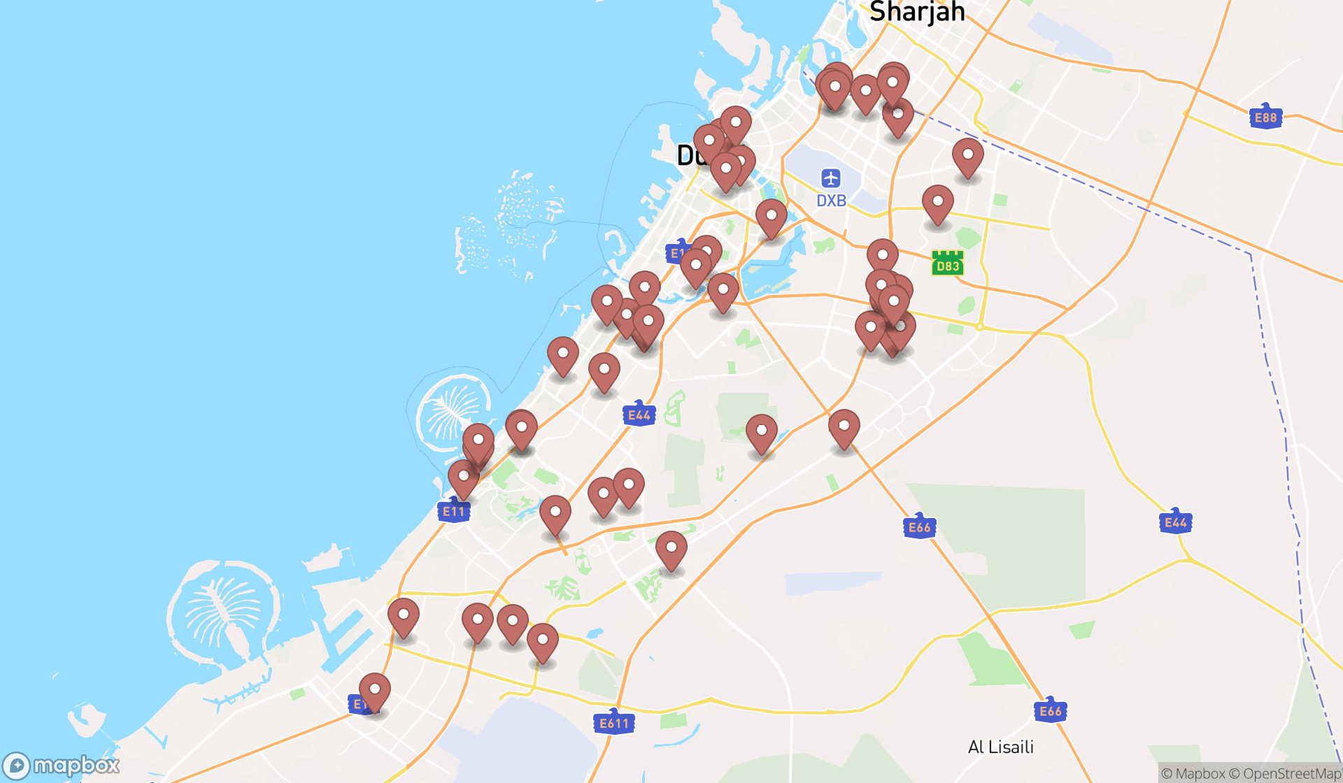 Map showing the search results in Dubai