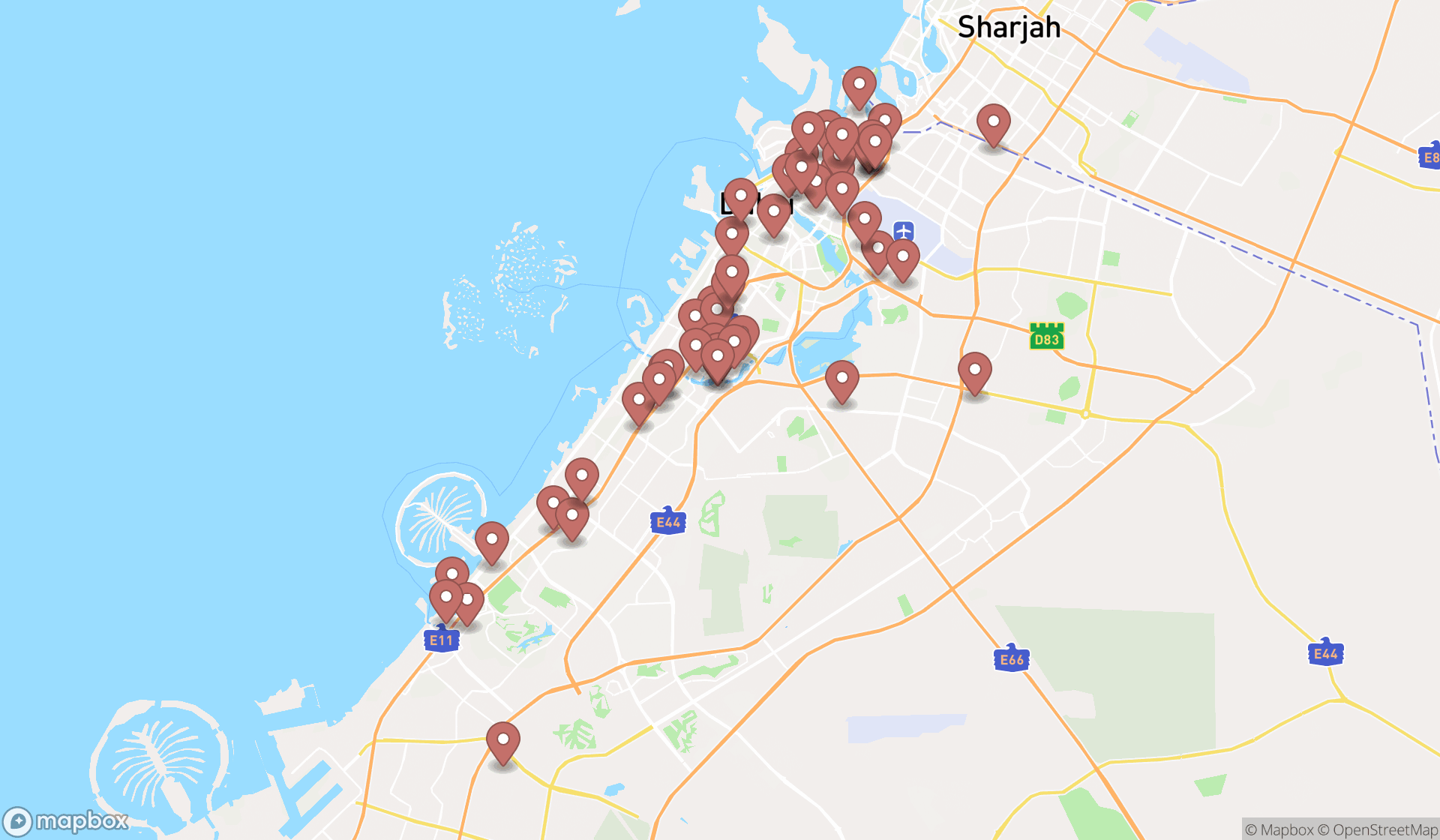 Map showing the search results in Dubai